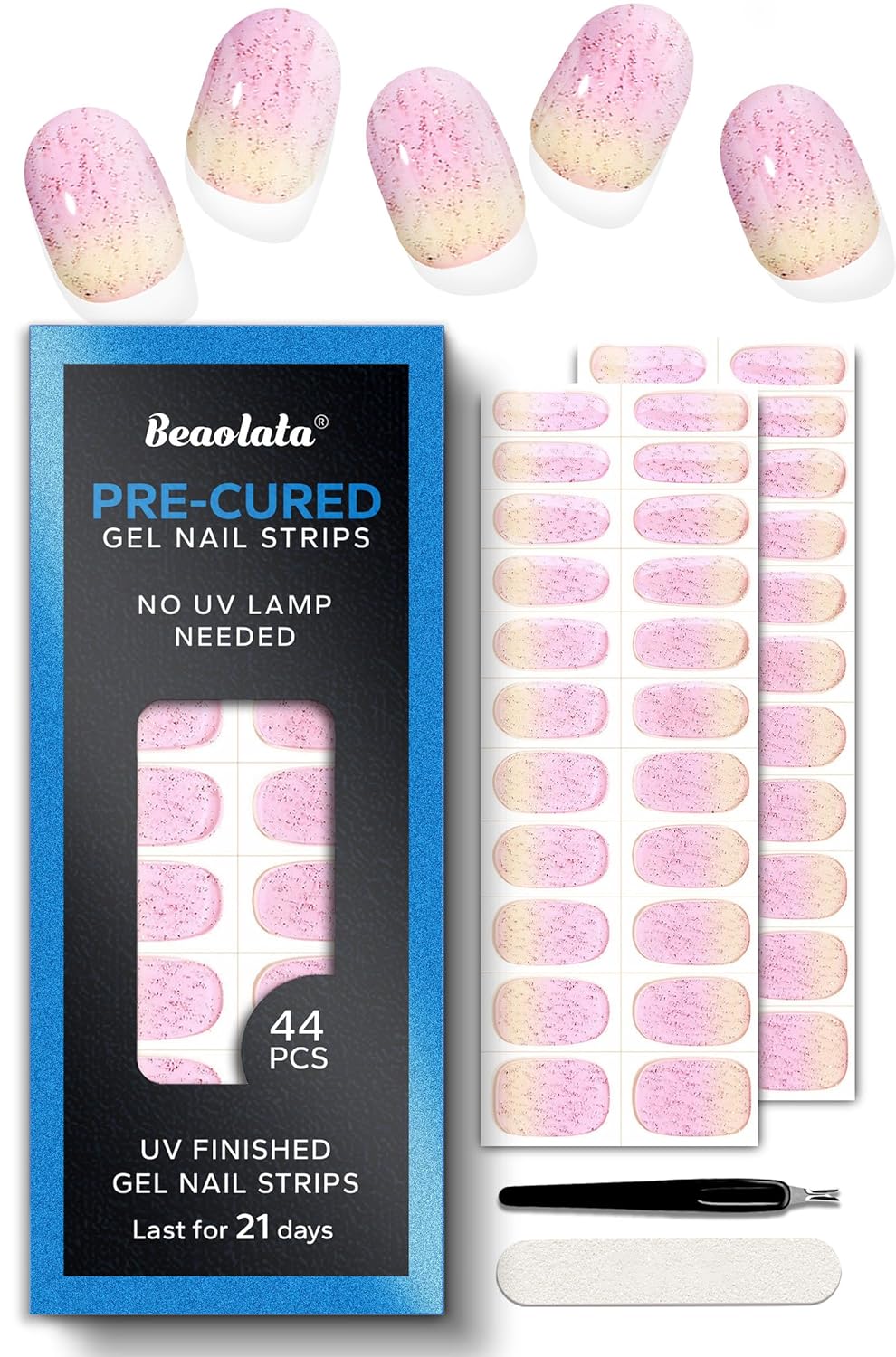 Pre Cured Gel Nail Strips - 44PCS Salon Quality Gel Nail Stickers - Long Lasting Polish Wraps for Women no UV Light Needed Easy Apply& Remove (PinkMuse)