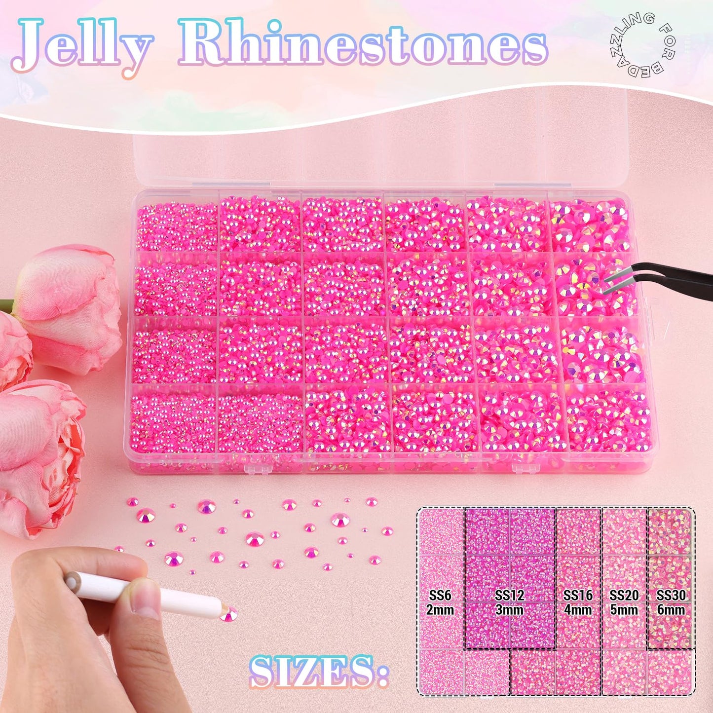25000Pcs Resin Rhinestones with B7000 Jewelry Glue for Crafting, Hot Pink AB 2-6mm Non Hotfix Flatback Gems, Bedazzling Crystal for DIY Crafts Clothing Tumblers Mugs Shoes Fabric Decor Nail Art