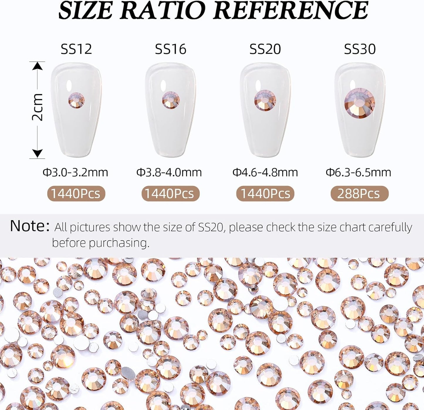 Gold Shadow Flatback Rhinestones, Glass Rhinestones for Nail Art and Craft, Glue Fix, Loose Crystal Gemstones(Gold Shadow, SS20, 1440pcs, 4.6-4.8mm)