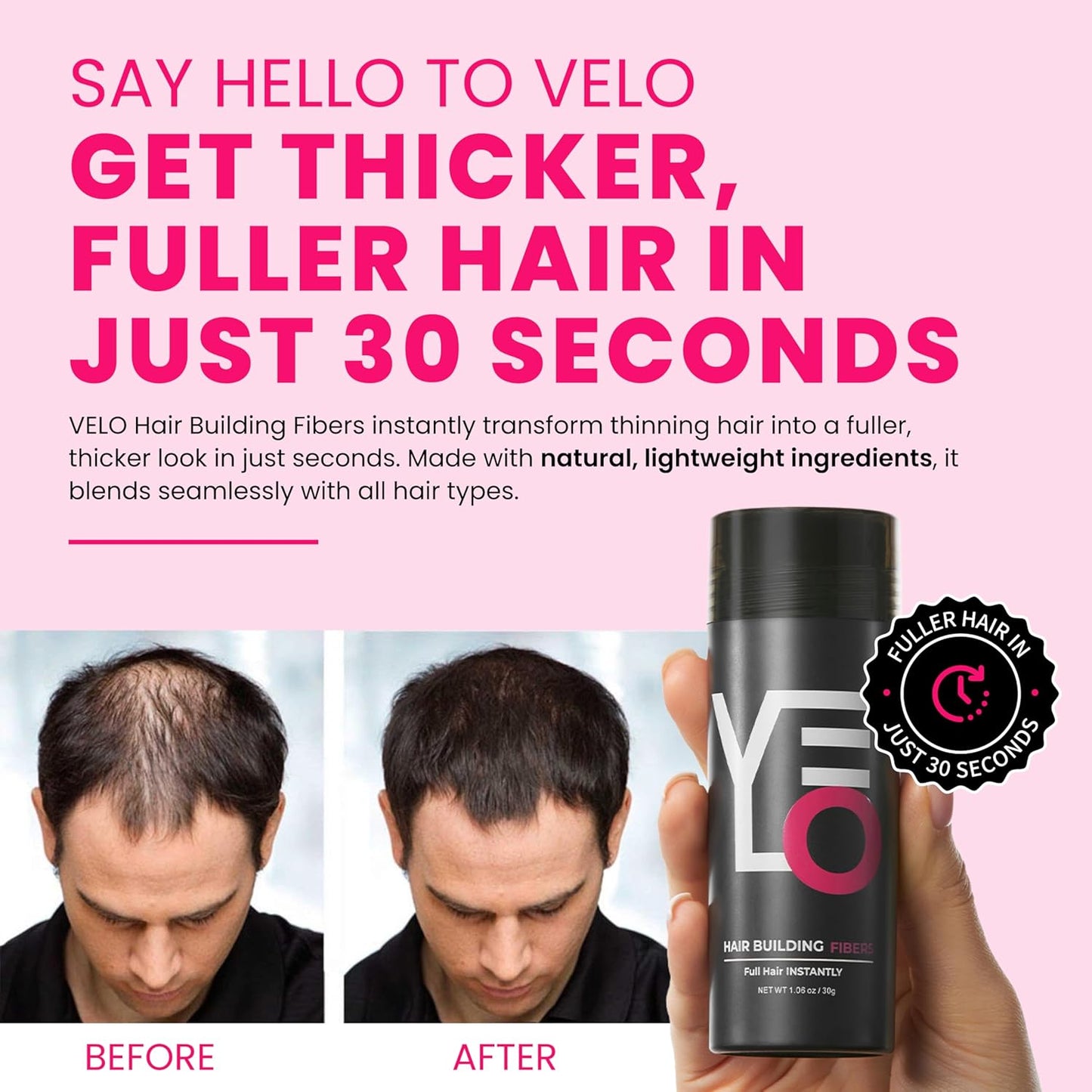VELO Hair Building Fibers for Thinning Hair – GRAY Hair Fibers for Men & Women – Covers Bald Spots, Hairline Powder, Hair Thickening Fibers – Hair Filler Powder for Fuller-Looking Hair – 30g