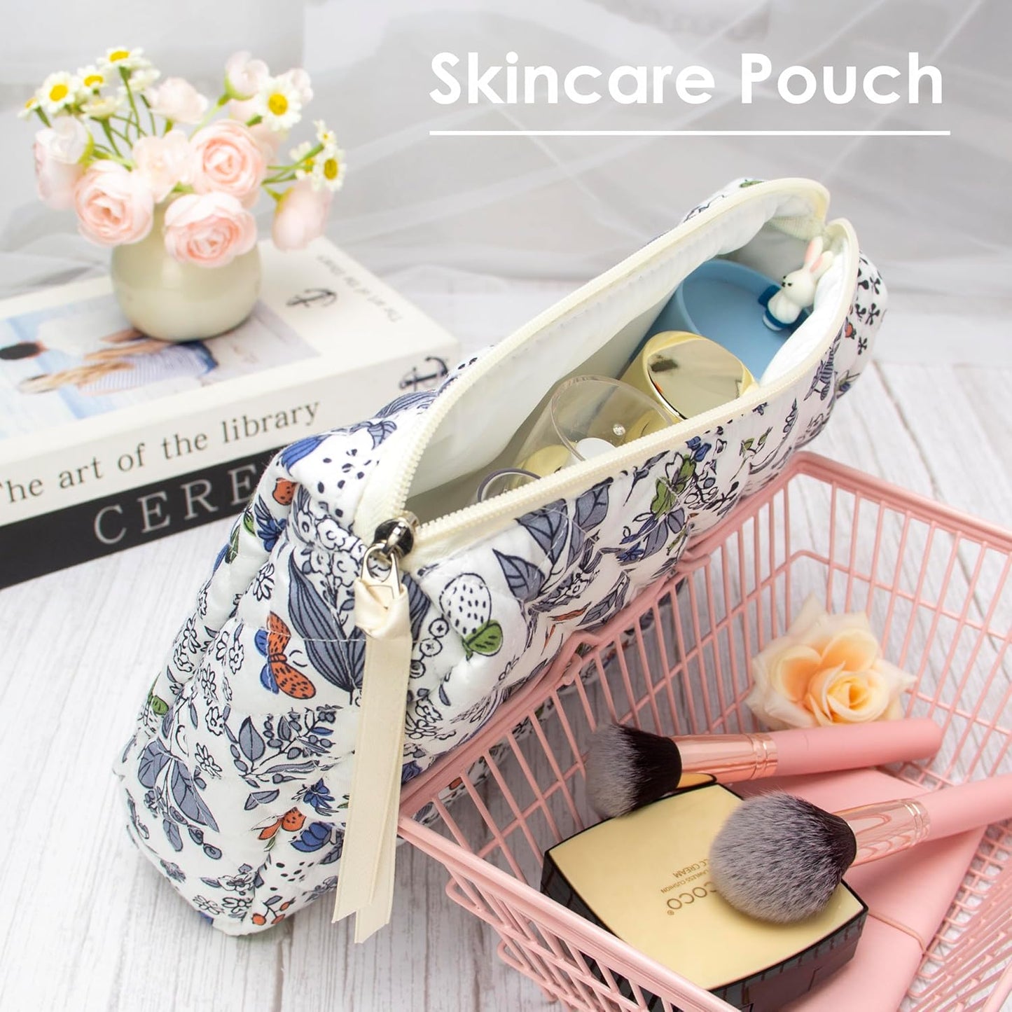 PAZIMIIK 3PCS Makeup Bag SET Large Travel Quilted Zipper Soft Cosmetic Case Pouch for Women Girls Make Up,Leaf White