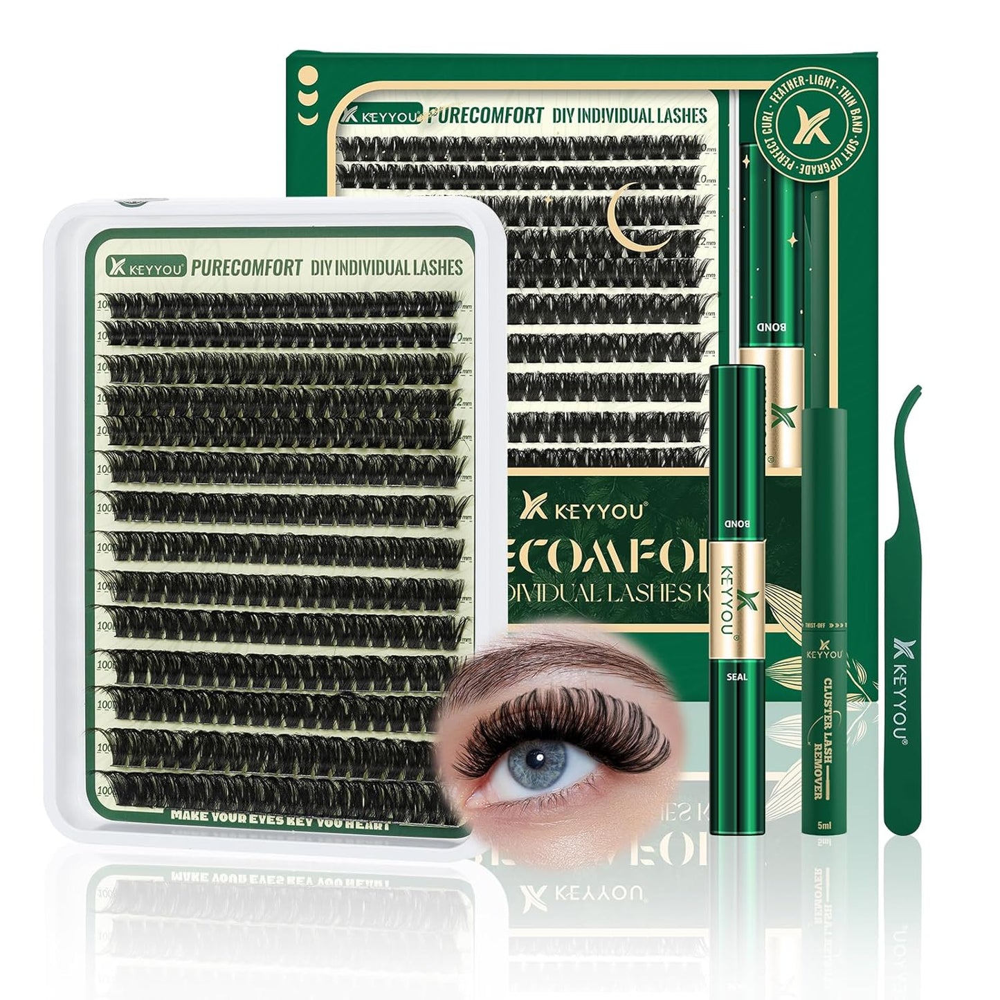 KEYYOU DIY Lash Extension Kit - 280pcs Soft Clusters - 100D Curl - Easy to Apply with Bond, Seal & Remover - At Home