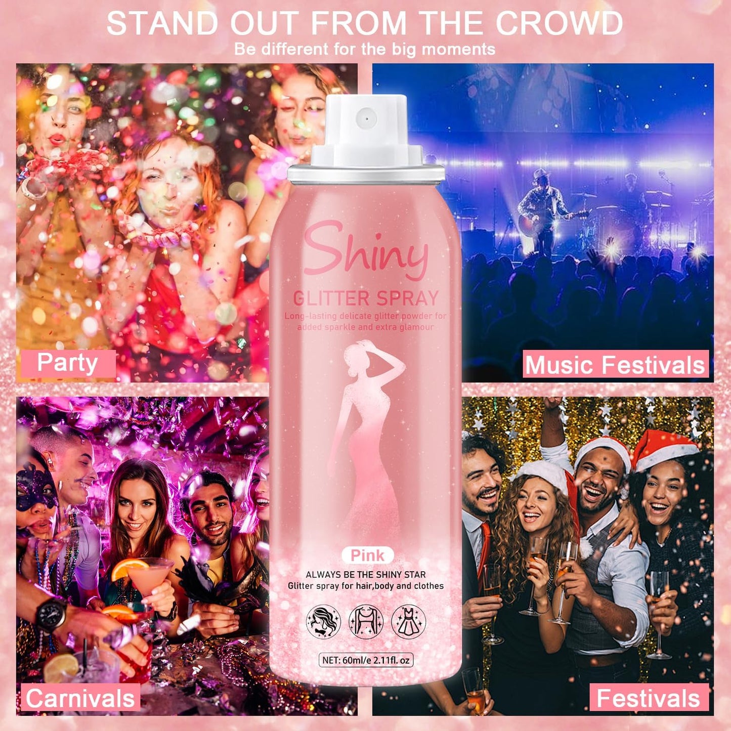 Hair and Body Glitter Spray, Holographic Glitter Highlighter Powder, Hairspray for Clothes, Face Body Shiny Glitter, Loose Shimmer Hairspray Festival Rave Prom Accessories, 2.11 Fl Oz (Pink)