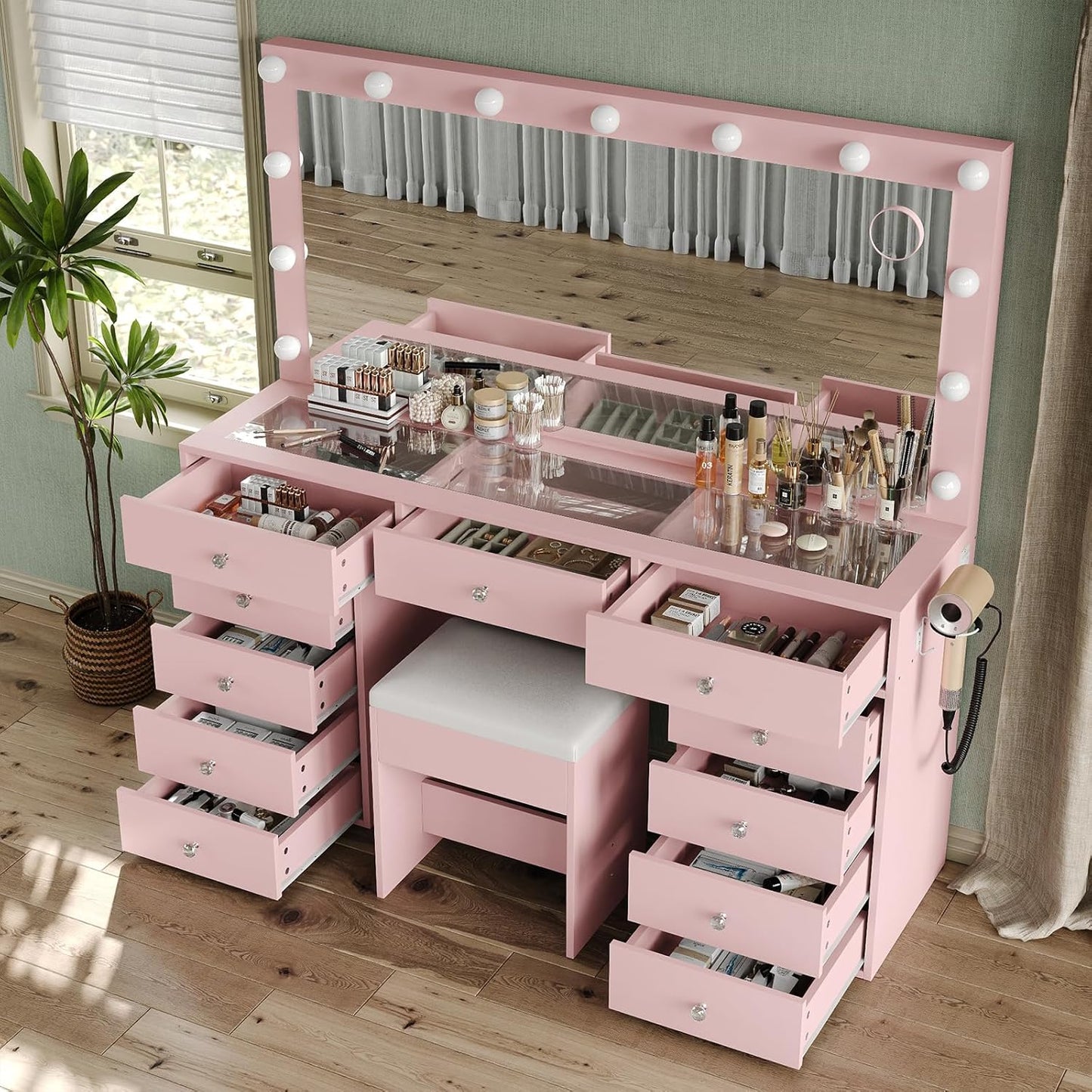 11 Drawers Makeup Vanity with Charging Station, Vanity Desk with 13 LED Bulbs and HD Mirror, 3 Color Brightness Adjustable, Glass Top Vanity Set for Bedroom, Pink
