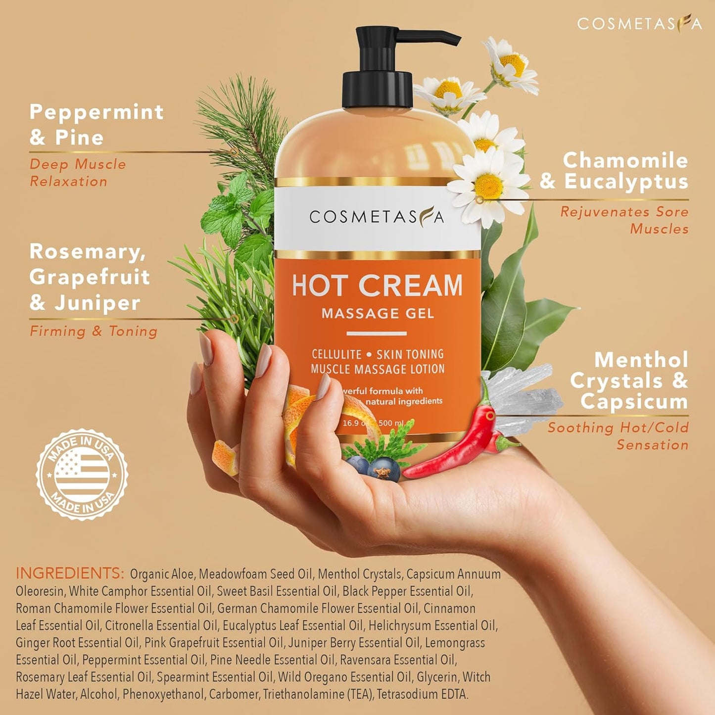 Cosmetasa Hot Cream for Belly - 87% Organic Cellulite Cream - Natural Sweat Cream Massage Gel - Cream for Stomach, Abdomen, Sore Joints, Muscles, Workout (16.9 oz)