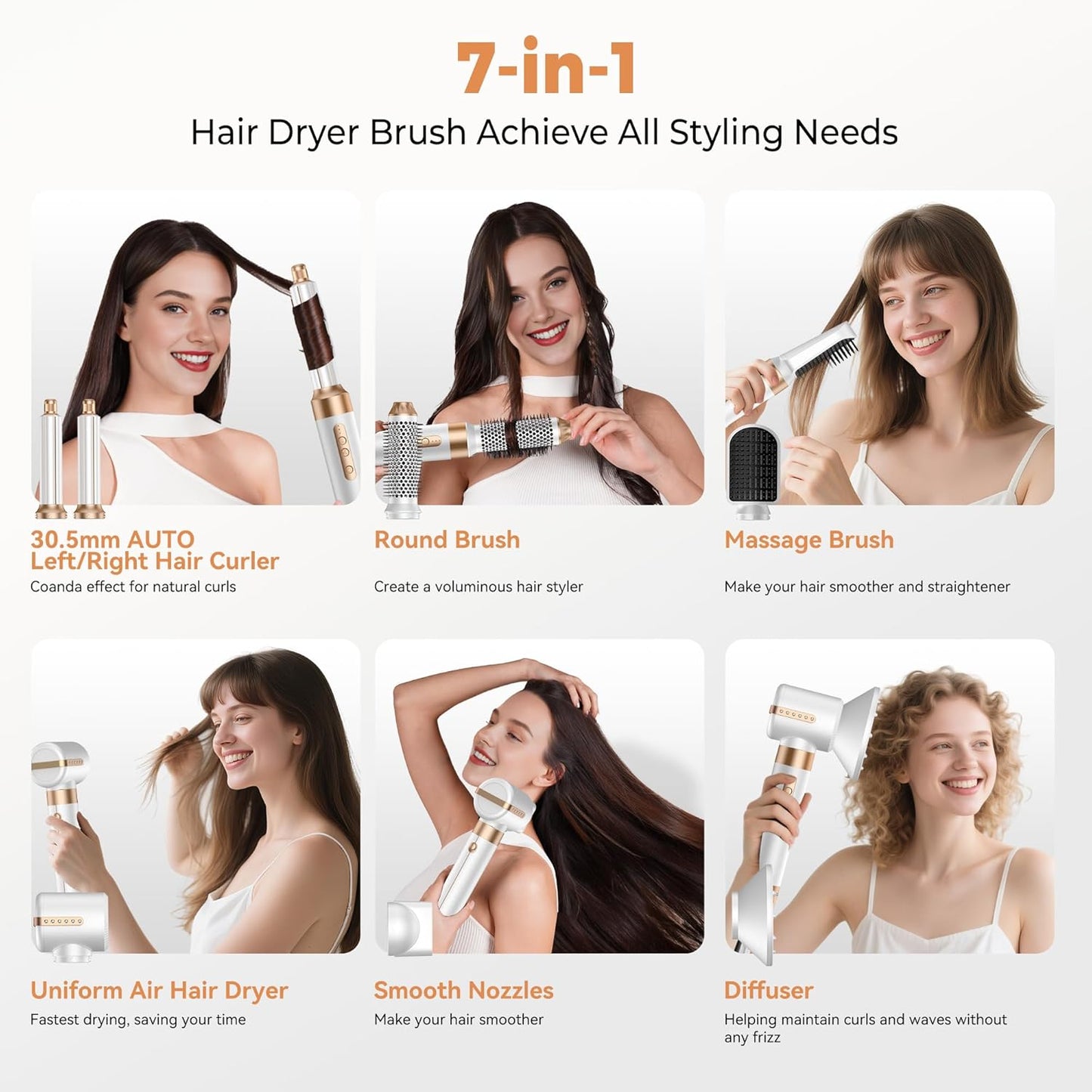7 in ONE Hair Dryer Brush, Powerful Blow Dryer Brush with Auto- Wrap Curler, Detachable Fast Drying, Volumizing, Curling, Straightening, Ionic Hair Dryer with Diffuser, Hair Styling Tools 100-120V