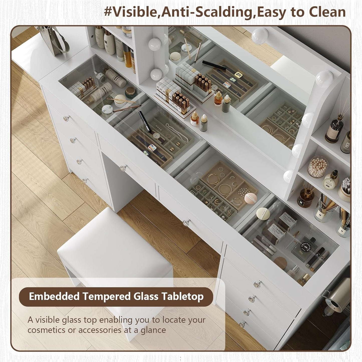 Vanity with Power Outlet, Vanity Desk with Mirror and 10 LED Lights, 10 Drawers Makeup Vanity with 6 Shelves, Fold-up Panel, Dressing Table for Bedroom, White