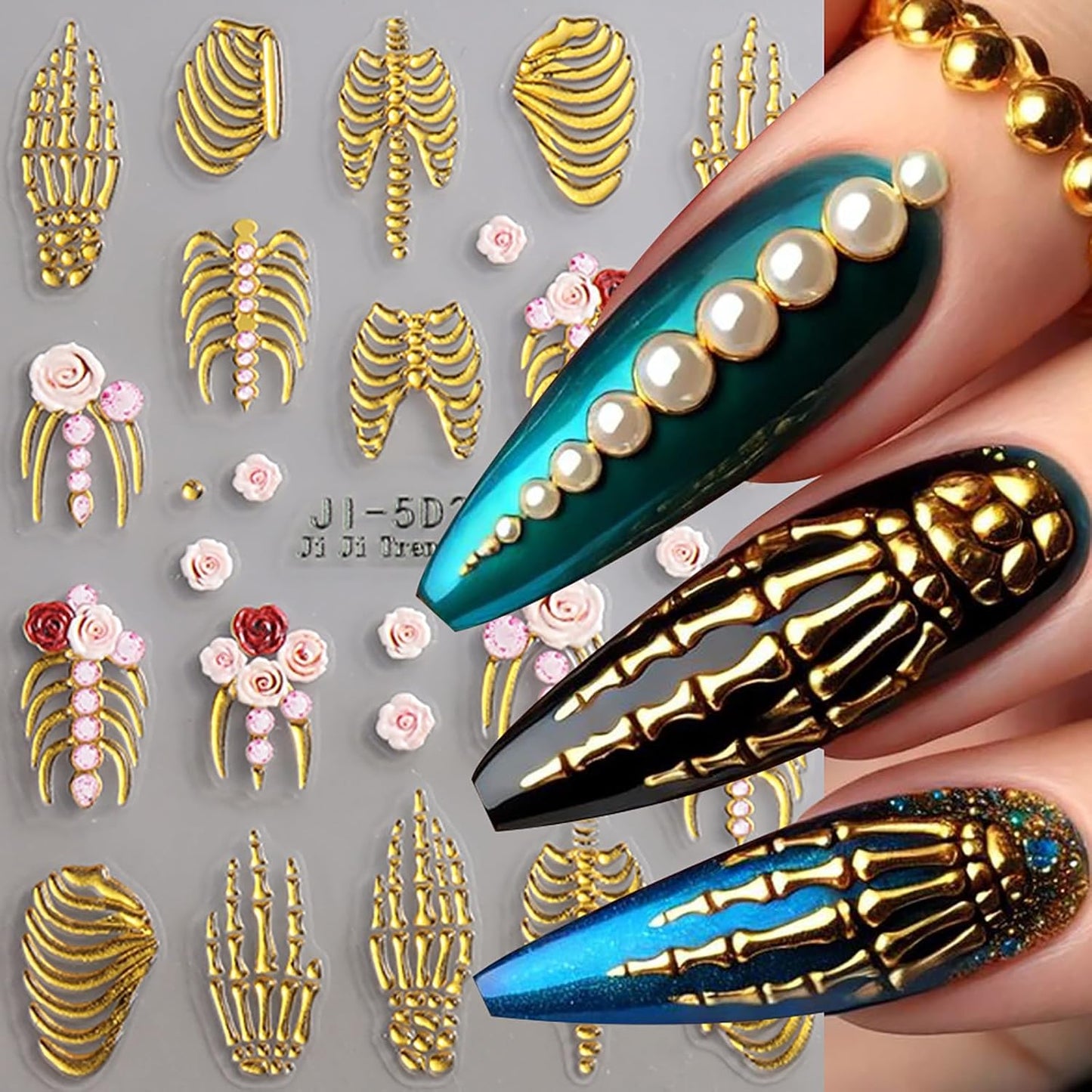 Halloween Nail Art Stickers Decals 5D Skeleton Hand Nail Decals 3PCS Embossed Self-Adhesive Spooky White Rose Gold Skull Design Gothic Holiday Nail Charms for Women DIY Manicure Accessories Supplies