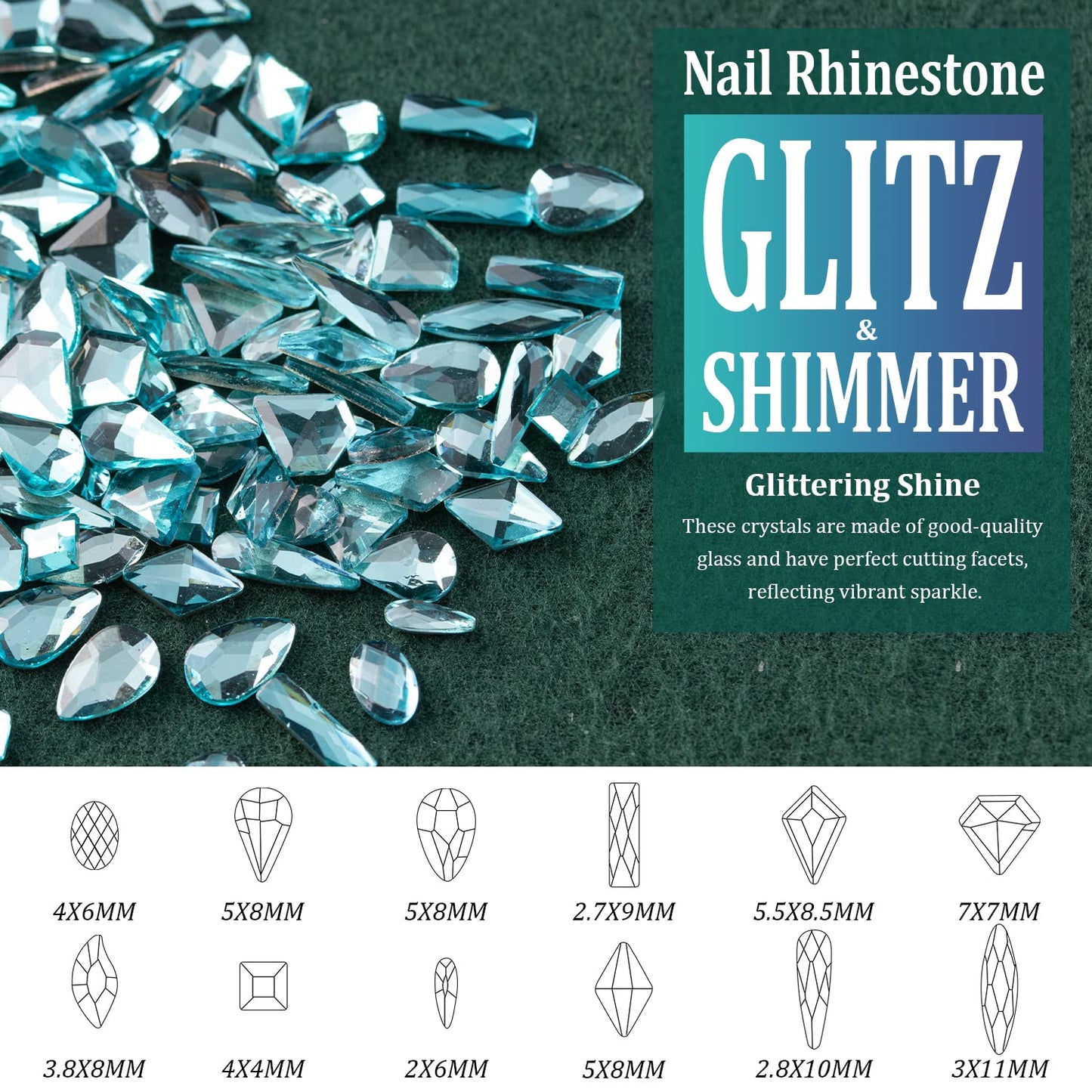 Multi Shapes Lake Blue 3D Glass Crystal Nail Art Rhinestones Kit with Flatback Round Bead Charm Gem Stone Jewelry Diamond with Pickup Pen + Tweezer for Manicure Makeup DIY Craft Decoration