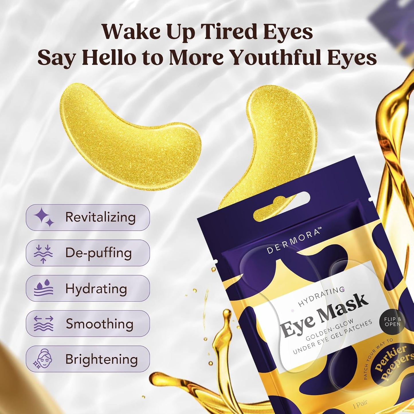 DERMORA Golden Glow Under Eye Patches | Rejuvenating Treatment | Dark Circles, Puffy Eyes, Refreshing, Revitalizing, Travel, Wrinkles |15 Pairs Eye Gels