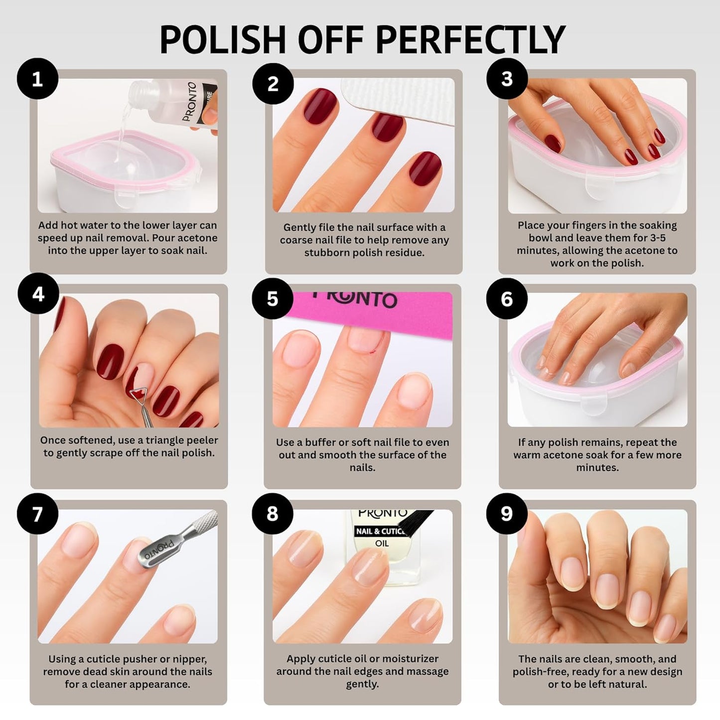 Pronto Gel Nail Polish Remover Kit – 8 Oz Pure Acetone 100 Percent, Nail File, Nail Polish Soak Off Bowl, Cuticle Oil for Nail Care + Manicure Set with Nail Buffer Block, Cuticle Pusher & Nail scraper