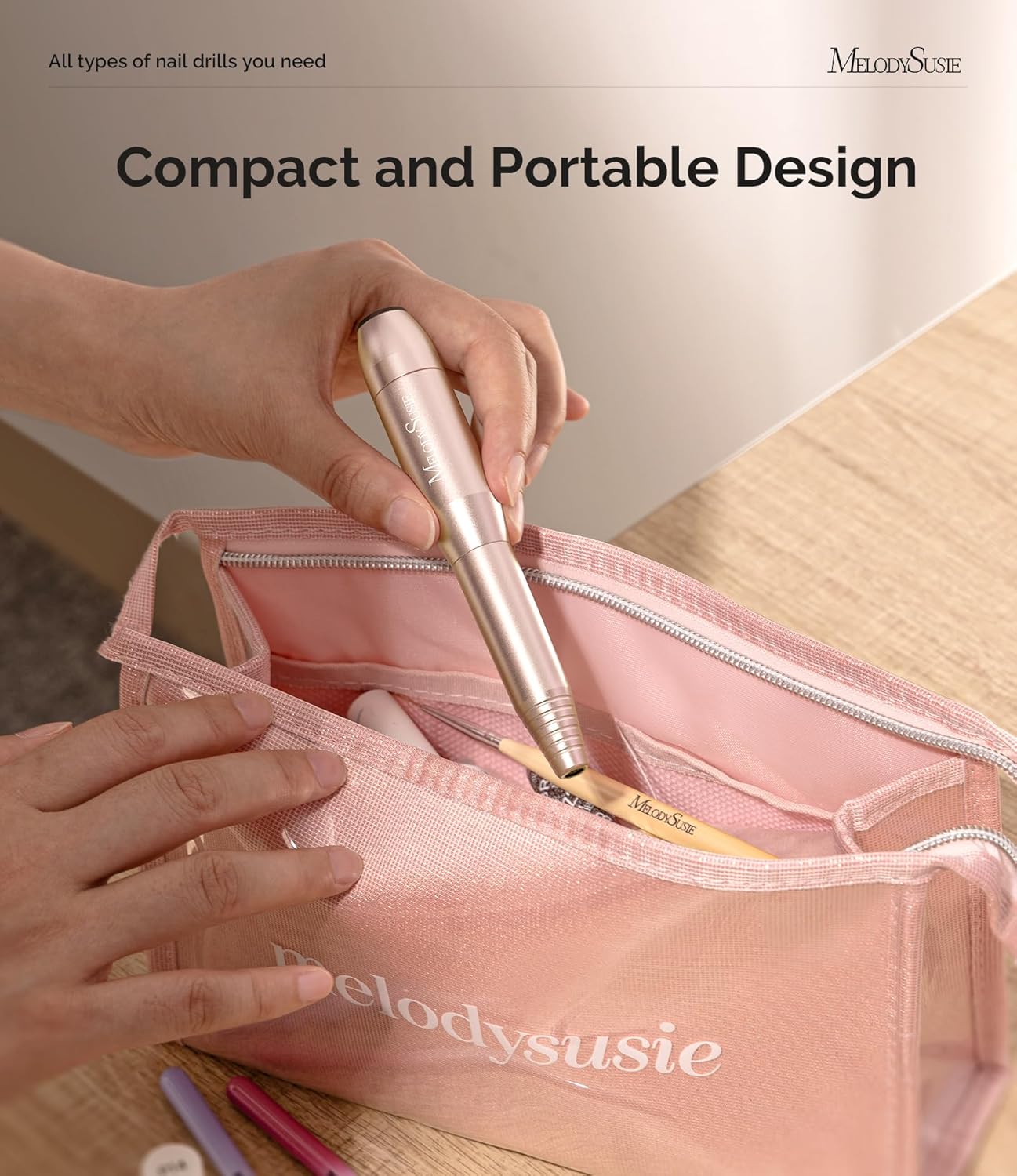 MelodySusie Portable Electric Nail Drill,PC120B Compact Efile Electrical Professional Nail File Kit for Acrylic, Gel Nails, Manicure Pedicure Polishing Shape Tools Design for Home Salon Use, Gold