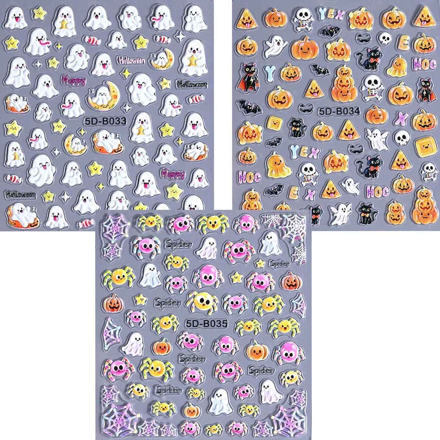 3 Sheets Halloween Nail Art Stickers 5D Embossed Nails Sticker Star Pumpkin Bat Spider Design Cute Ghost Nail Stickers for Women Girls Nail Decoration