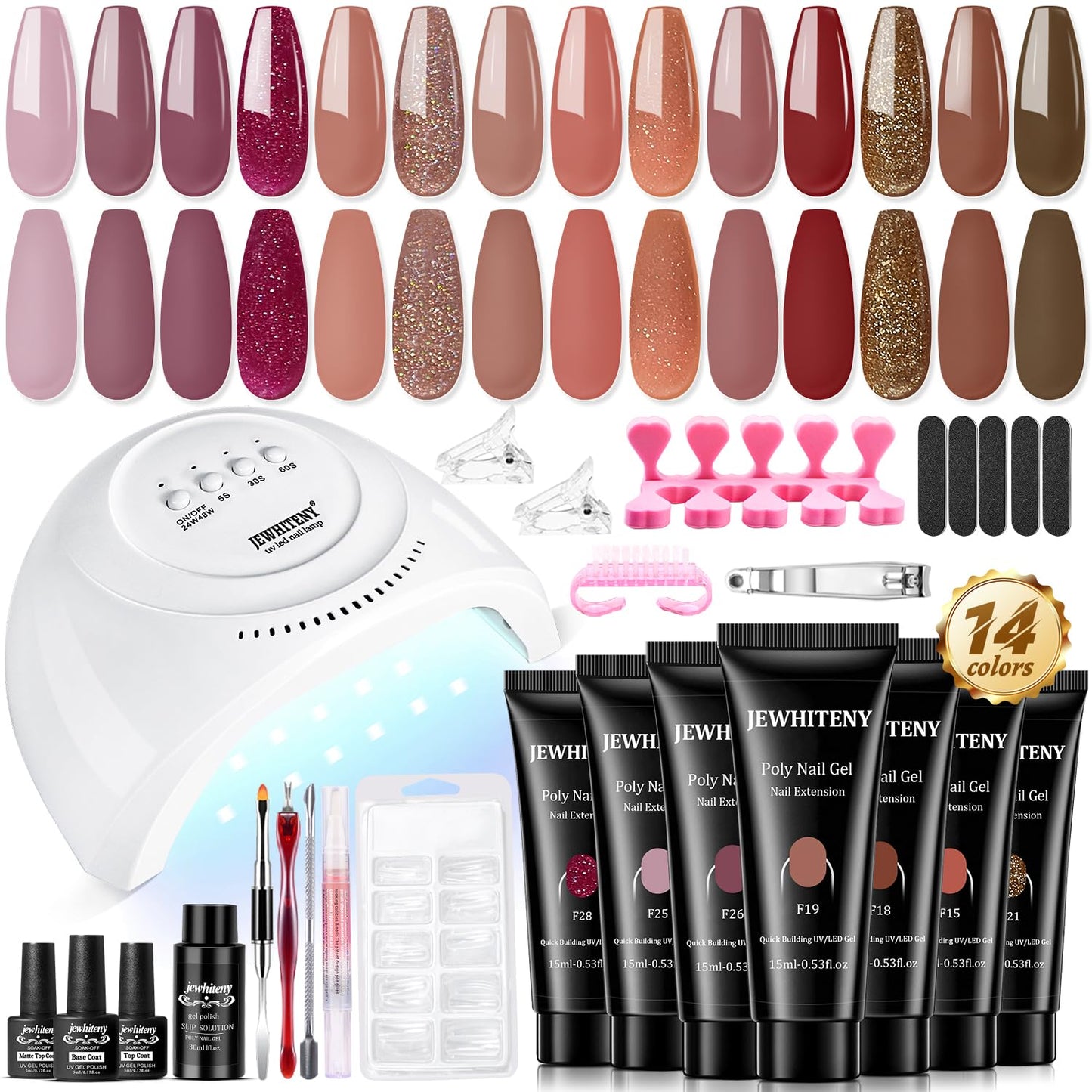 JEWHITENY 14 Pcs Poly Nail Gel Extension Kit With UV Light For Daily Nail Art DIY Home Salon Long Lasting And Durable Good Gift For women