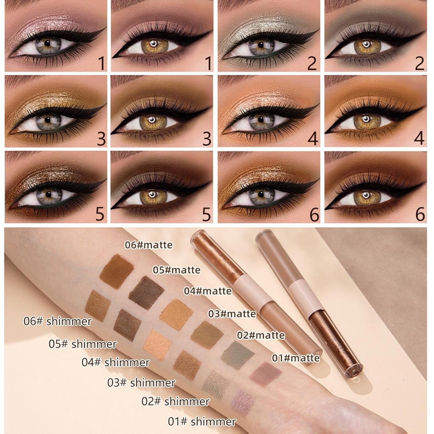 Liquid Eyeshadow Pencil, Earth Yellow Brown, 6-Color, Waterproof, Dual-End, Portable, Cruelty-Free