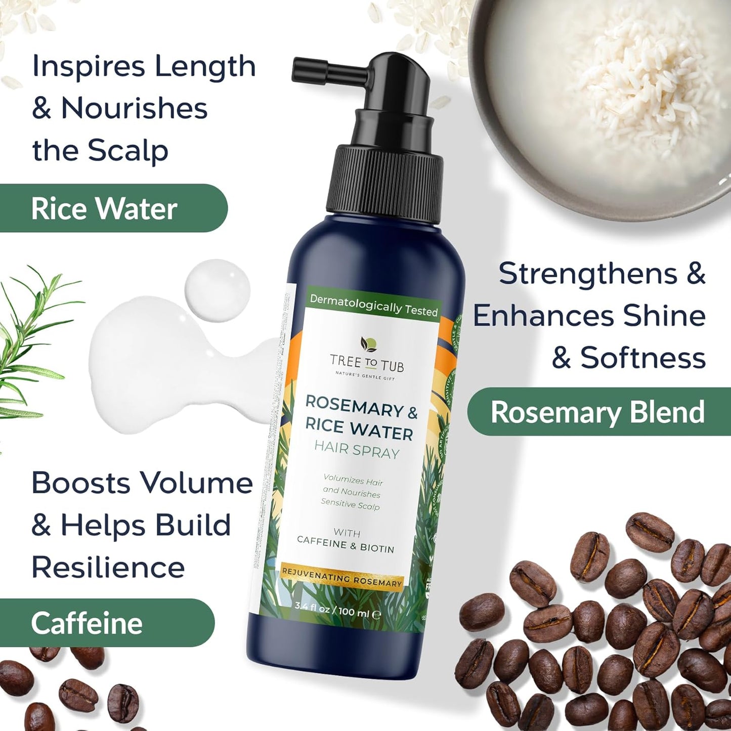 Tree To Tub Rosemary Water Spray for Hair Growth - Fermented Rice Water for Hair Growth Nature's Rosemary Hair Spray & Nourishing Scalp Care