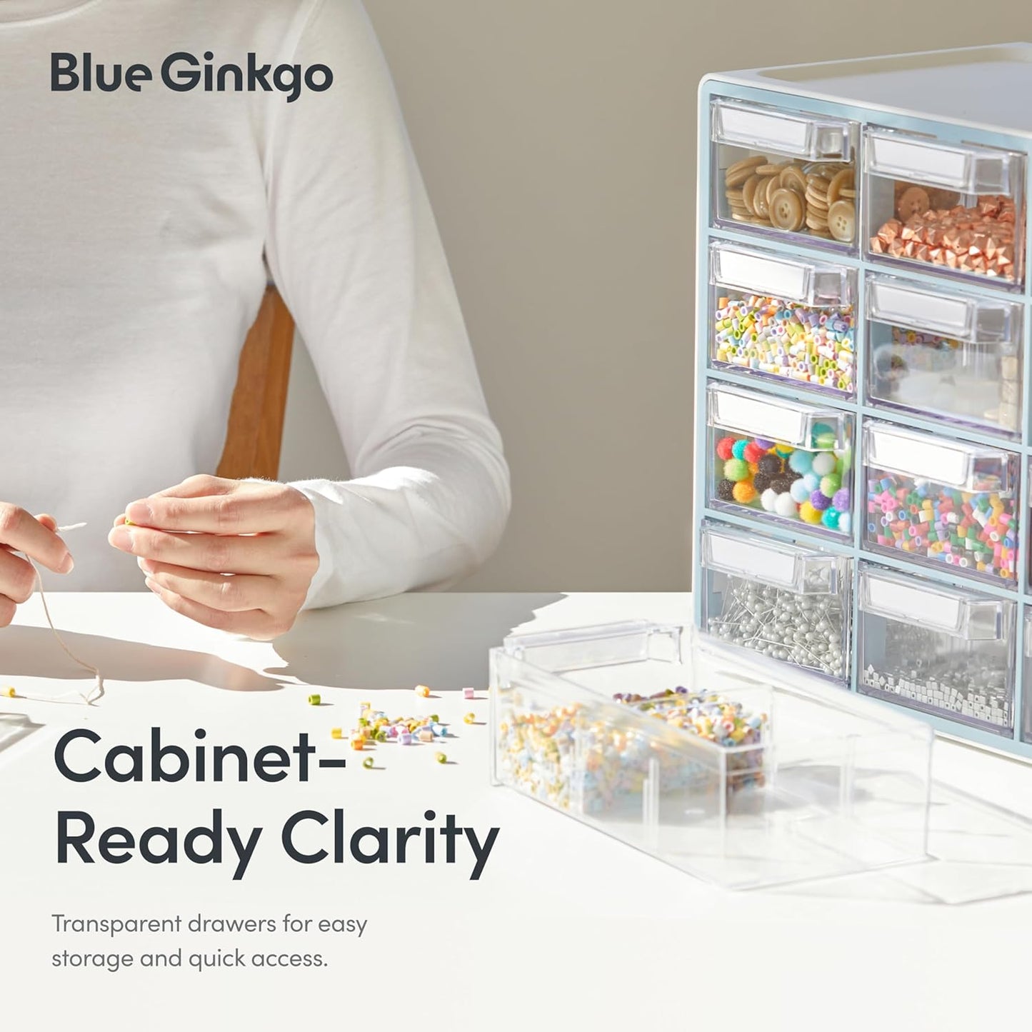 Blue Ginkgo Medium 16-Drawer Cabinet – Stackable Clear Organizer for Hardware, Beads, Plastic Bricks, Office, and Craft Storage (Made in Korea, Blue)