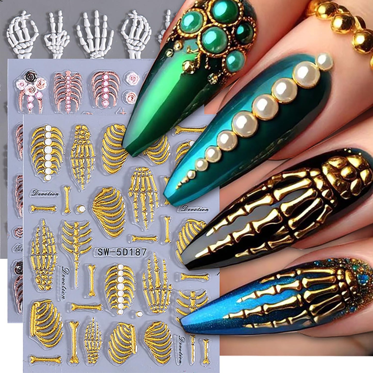 3 Sheets Halloween Nail Stickers for Nail Art 5D Embossed Skull Nail Art Stickers White Rose Gold Skull Gothic Designs Skeleton Nail Decals Halloween Horror Nail Supplies for Women Acrylic Nails DIY