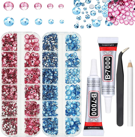 Rhinestones for Bedazzling with B7000 Glue, Pink Light Blue 2mm 3mm 4mm 5mm 6mm (SS8-SS30) Non-Hotfix Flatback Diamonds Kit, Baby Blue Nail Crystals Gems Beads for Bedazzle Crafting, DIY Nail Art