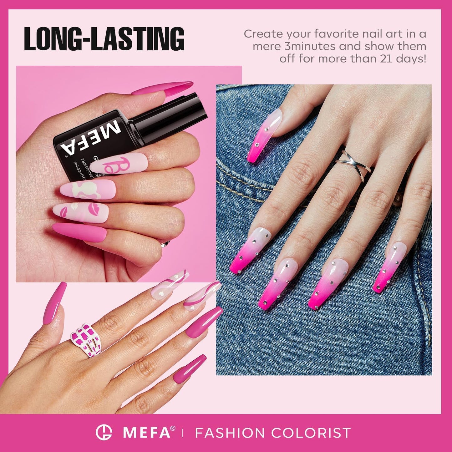 MEFA Pink Gel Nail Polish Set 6 Colors, Hot Pink Shades Spring Neon Light Bright Magenta Electric Tones Craze Nail Art Design at Home DIY Decorations Manicure Kit Gifts for Women