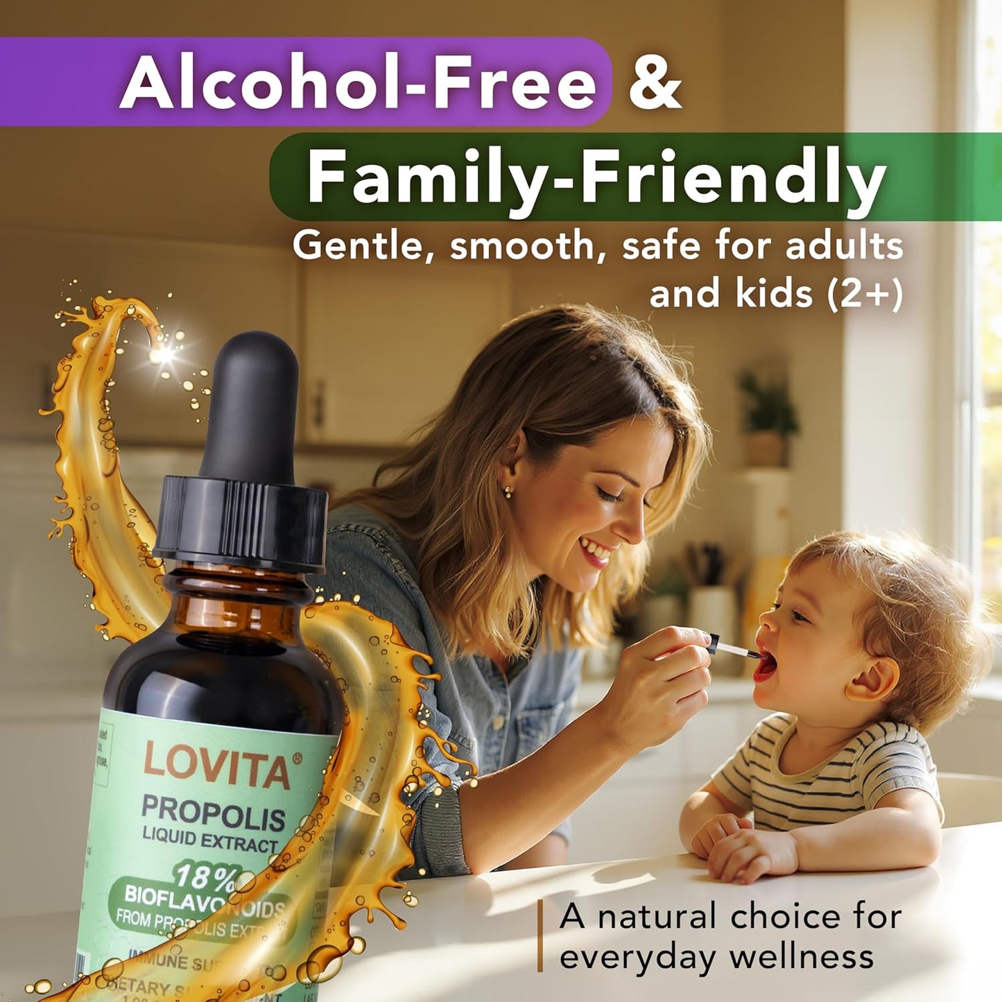 Lovita Bee Propolis Liquid Extract 500mg, 5:1 Resin Drops with 18% Bioflavonoids, Alcohol-Free Antioxidant, Immune Support & Throat Soothing, Gluten-Free, Non-GMO, 1 Fl Oz (30 mL), 90 Day Supply