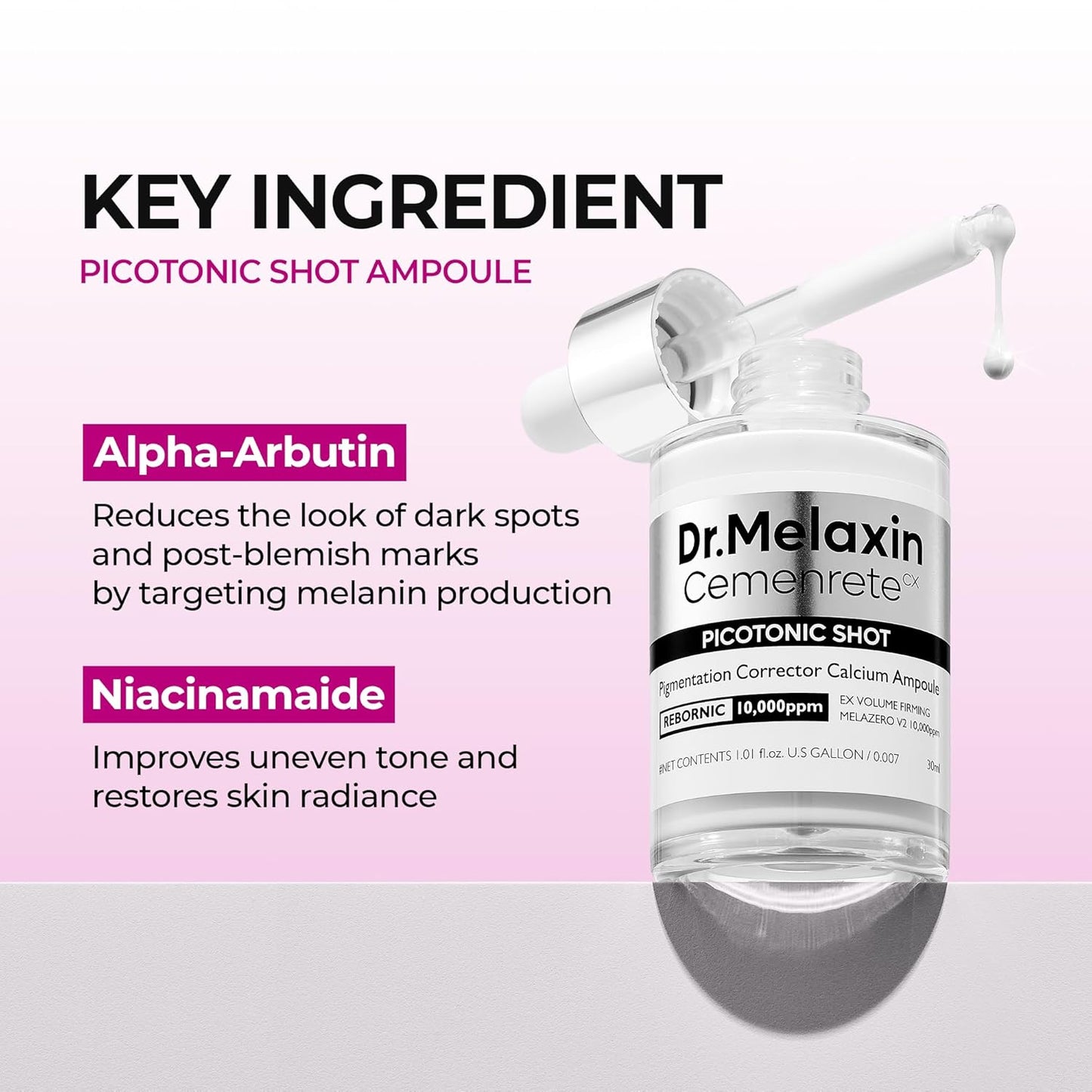 Cemenrete Picotonic Shot Calcium Ampoule for Even Skin Tone & Skin Clarity, 1.01 fl.oz.