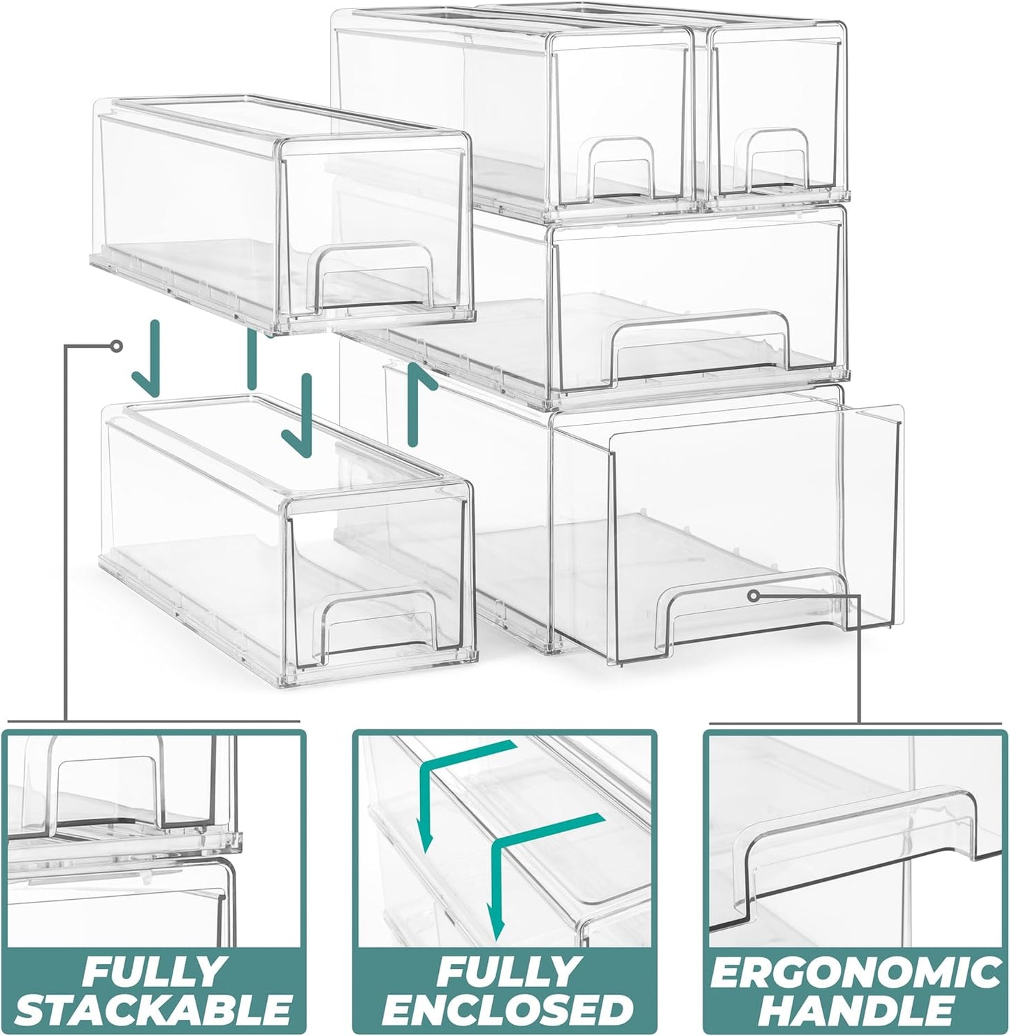 Sorbus 1 Large & 2 Small Clear Stackable Storage Drawers – Plastic Organizer Bins with Handles – Stackable Pull-Out Storage Drawers for Closet, Pantry, Office, Bathroom, Craft, and Toy Organization