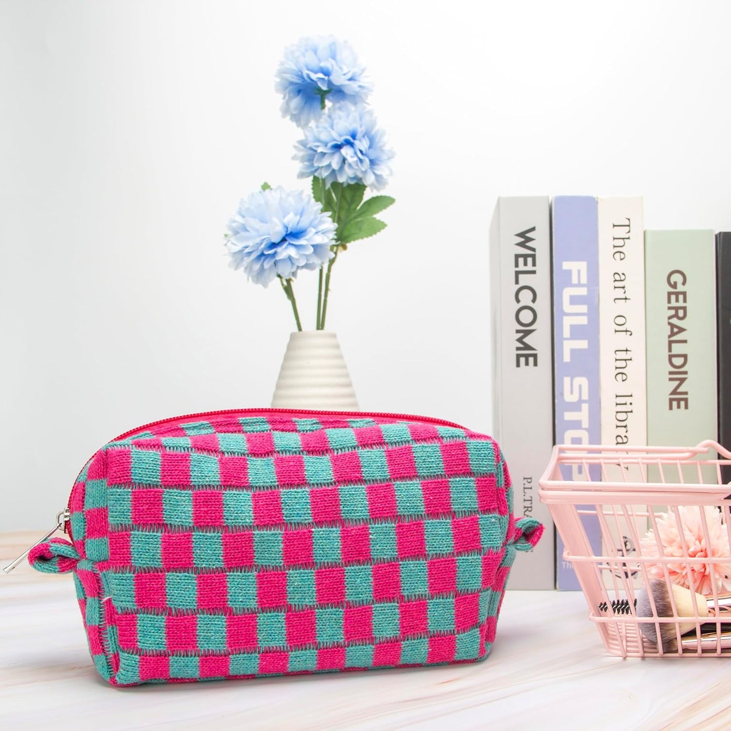 PAZIMIIK Checkered Makeup Bag for Purse Portable Zipper Make Up Pouch Small Cosmetic Case for Travel Accessories (2PCS Magenta Green)
