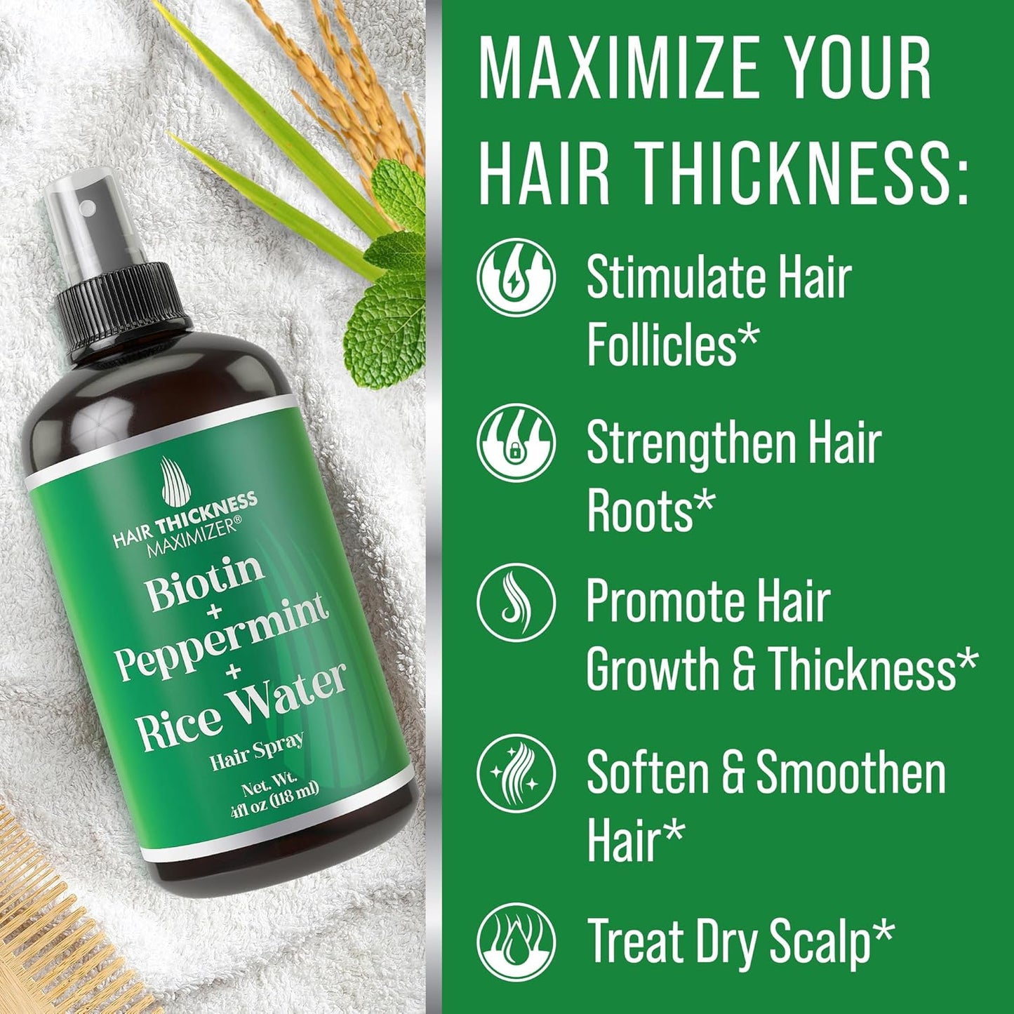 Biotin + Peppermint + Rice Water Spray For Hair Growth. Vegan Leave In Conditioner For Women, Men. Strengthens & Hydrates Thinning, Dry Hair for a Healthier-Looking Scalp