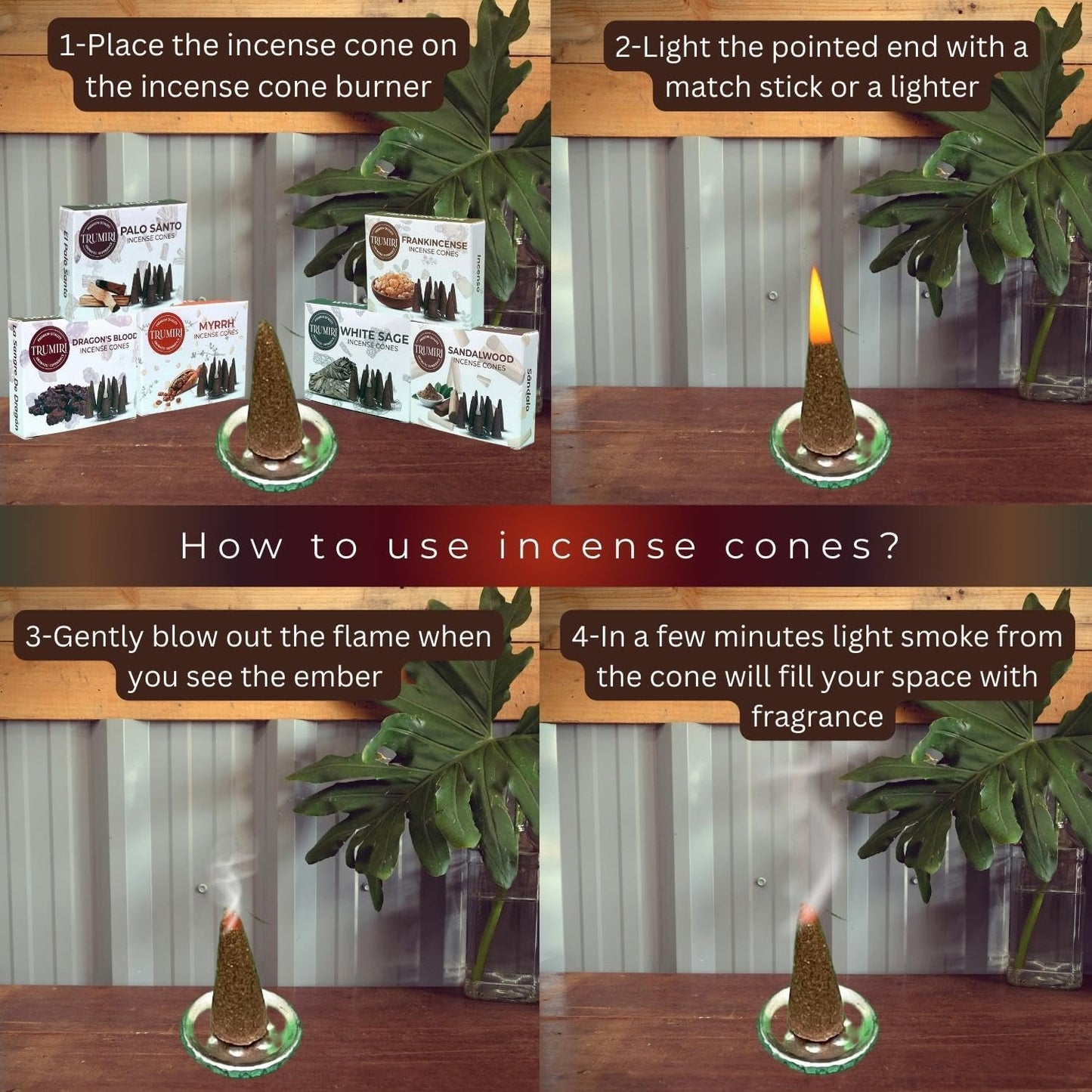 Trumiri Woody Incense Cones - Variety Pack - Total 60 Cone Incense (6 Scents x 10 Conos) - White Sage, Palo Santo, Dragons Blood, Sandalwood - Inscents-Cones Scented - Insense Cones - Incent Cone