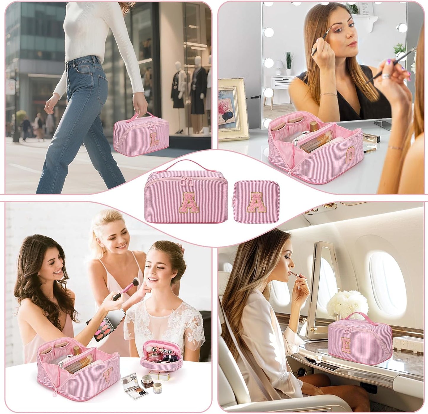 Travel Makeup Bag for Women, 2Pcs Portable Personalized Initial Makeup Organizer Bag, Open Flat Large Cosmetic Bag With Travel Essential Pouch (Pink Letter T)