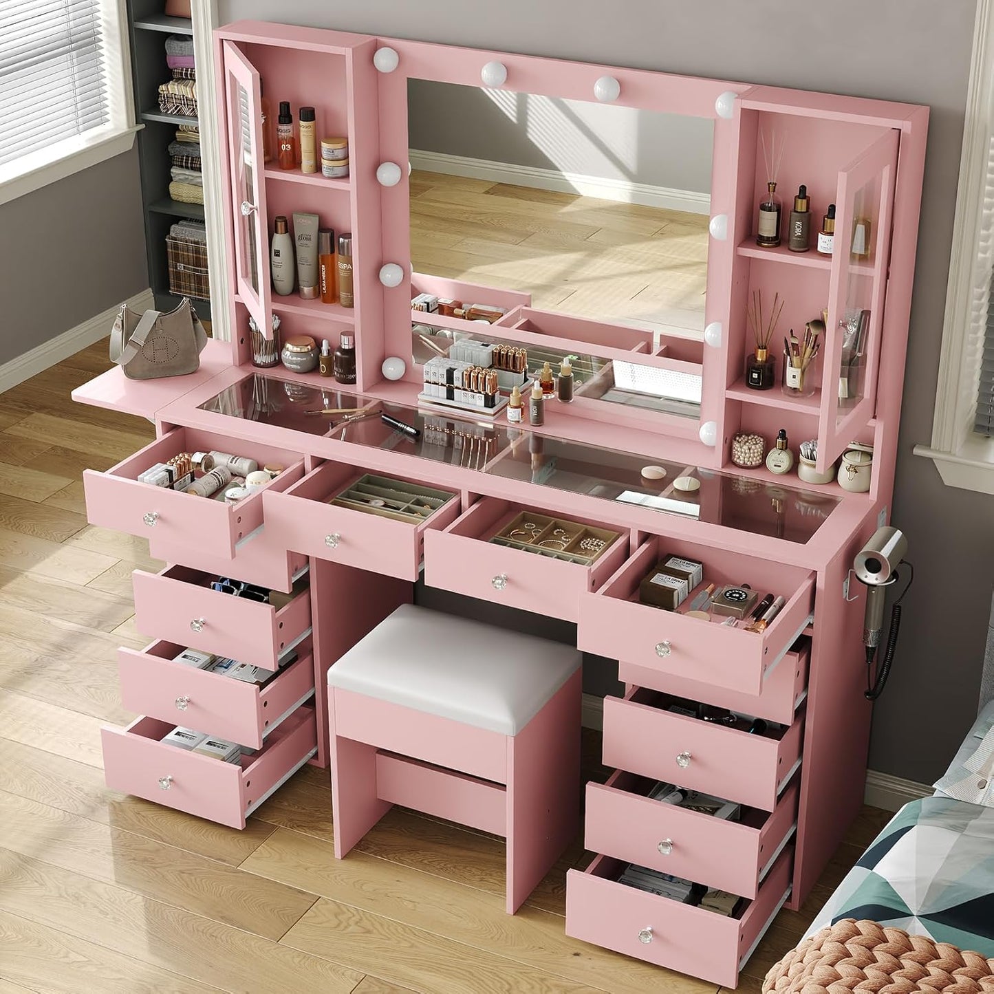 Vanity with Mirror and 10 LED Lights,Vanity Desk with Power Outlet, Makeup Vanity with 12 Drawers and 2 Cabinets, Fold-up Panel, Glass Top Vanity Table with Chair for Bedroom, Pink