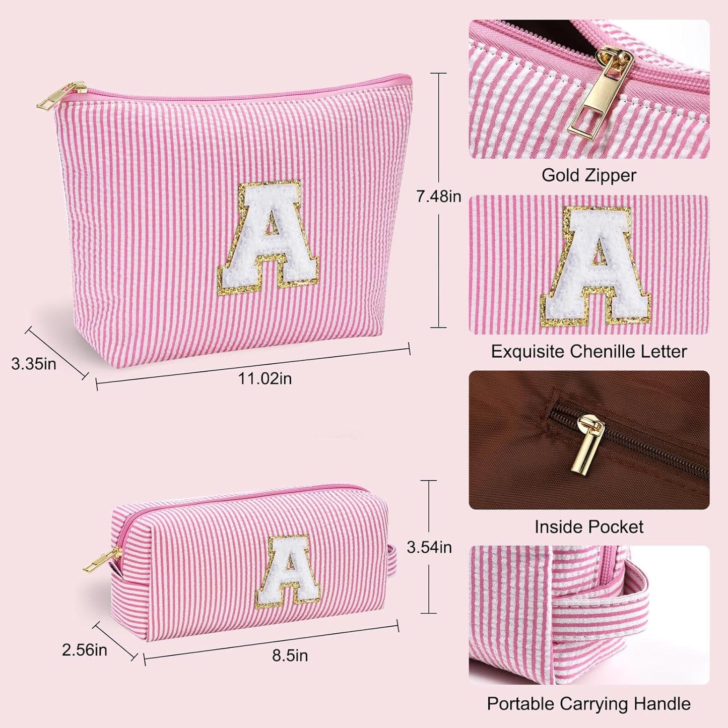 YOOLIFE Travel Makeup Bag Cosmetic Bag - Make Up Bag with Makeup Brush Bag Monogram Makeup Pouch Bag 2 Pieces Cute Makeup Bag Personalized Gifts Best Friend Birthday Gifts for Women Pink Letter Y