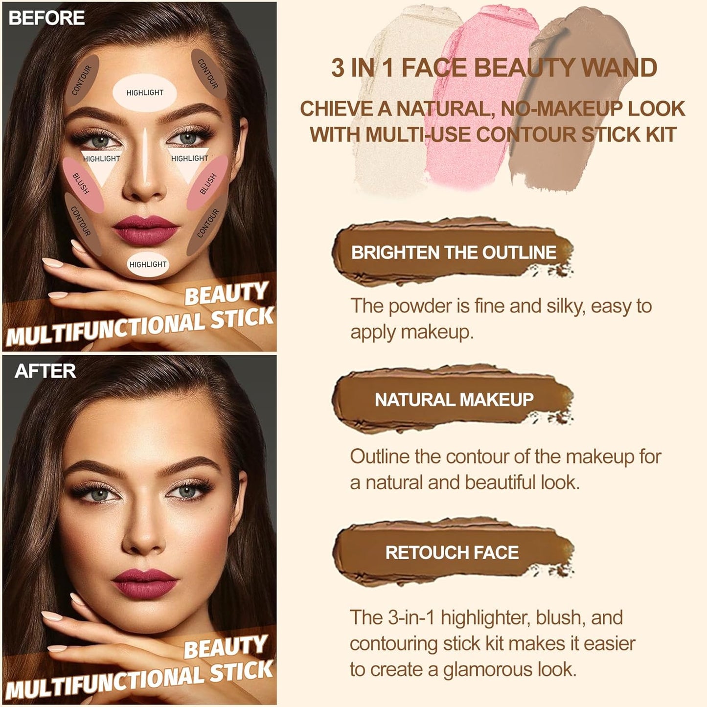 Lezero 3Pcs Contour Stick Makeup Kit, Shades with Matte Finish Highlighter, Blush and Bronzer Stick for Sculpt the Face and All Skin Type, Long Lasting, Smooth, Non-greasy, #1 NEUTRAL