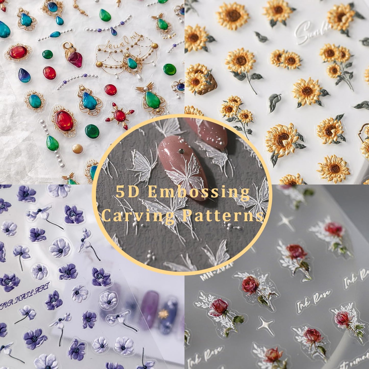 Flower Nail Stickers 5D Embossed Nail Art Stickers Decals White Daisy Floral Nail Design Stickers for Women Girls Self-Adhesive Nail Art Decoration
