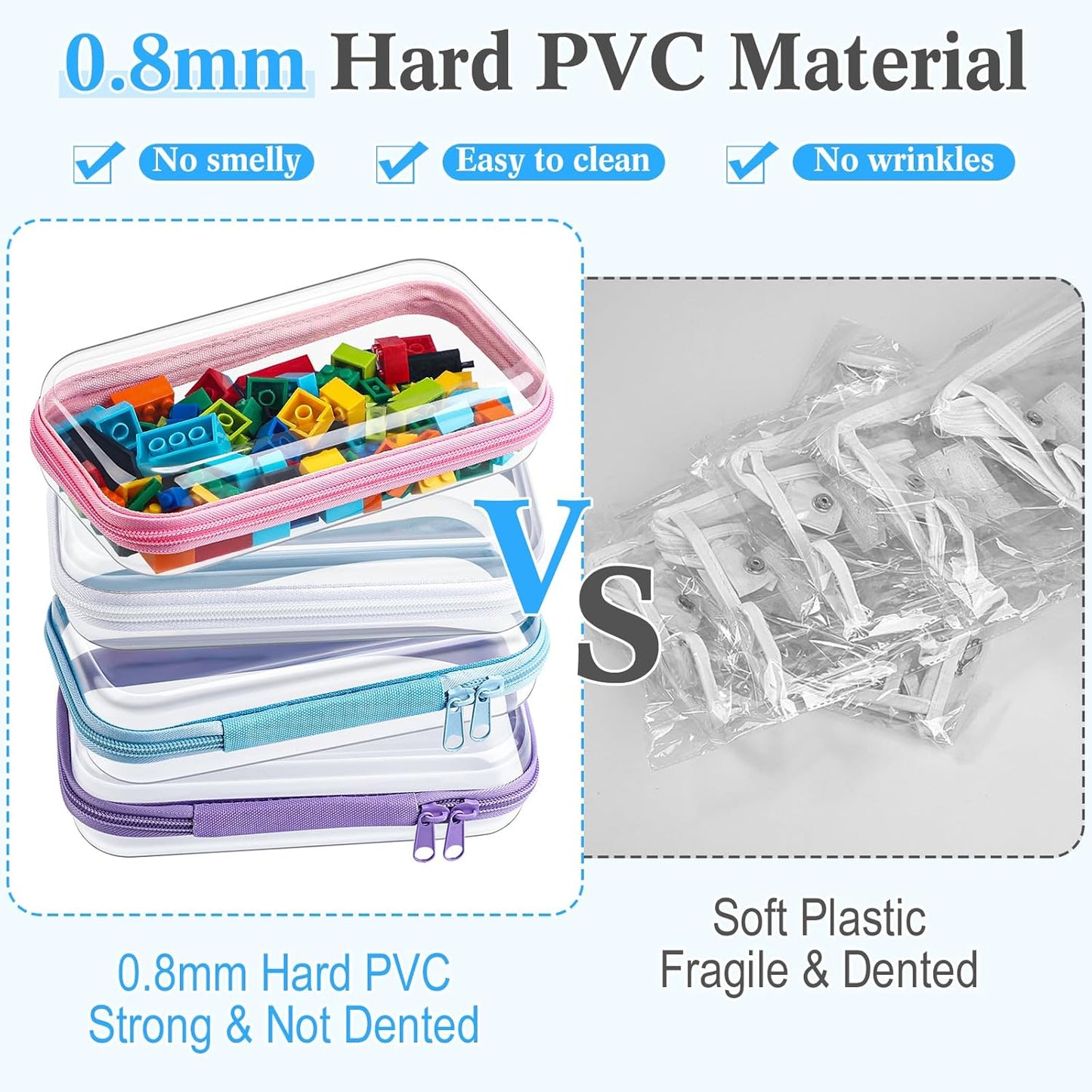 Hoolerry 4 Pcs Hard Clear Zipper Case Makeup Bags Plastic Pencil Pouch Transparent Storage Box Containers for Cosmetics, Snacks, Building Blocks, Puzzles(Multicolor,7.5 x 3.9 x 2 in)