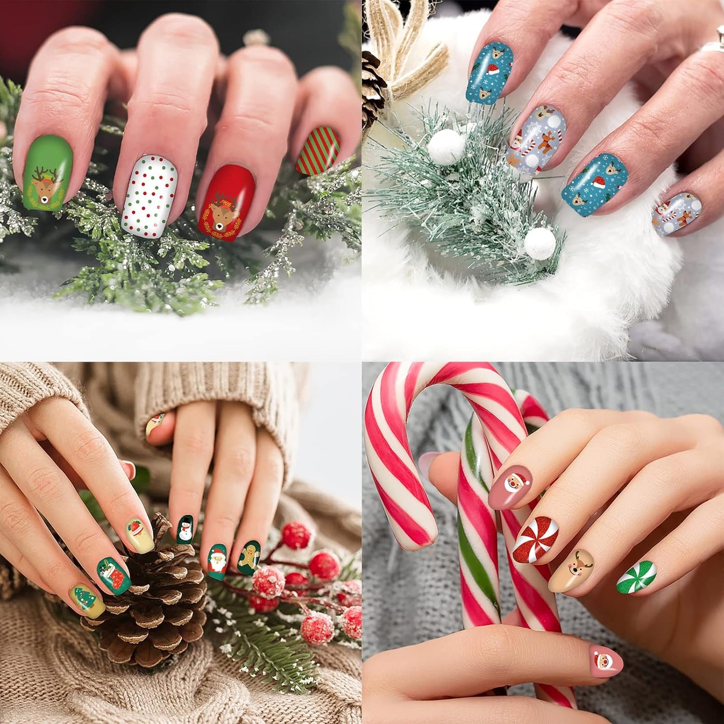 12 Sheets Christmas Nail Wraps Full Stickers Nail Polish Strips, DIY Self-Adhesive Nail Art Glitter Decals Santa Claus Reindeer Xmas Hat Pattern with 2 Piece Nail Files for Party Decor (168 Pieces)