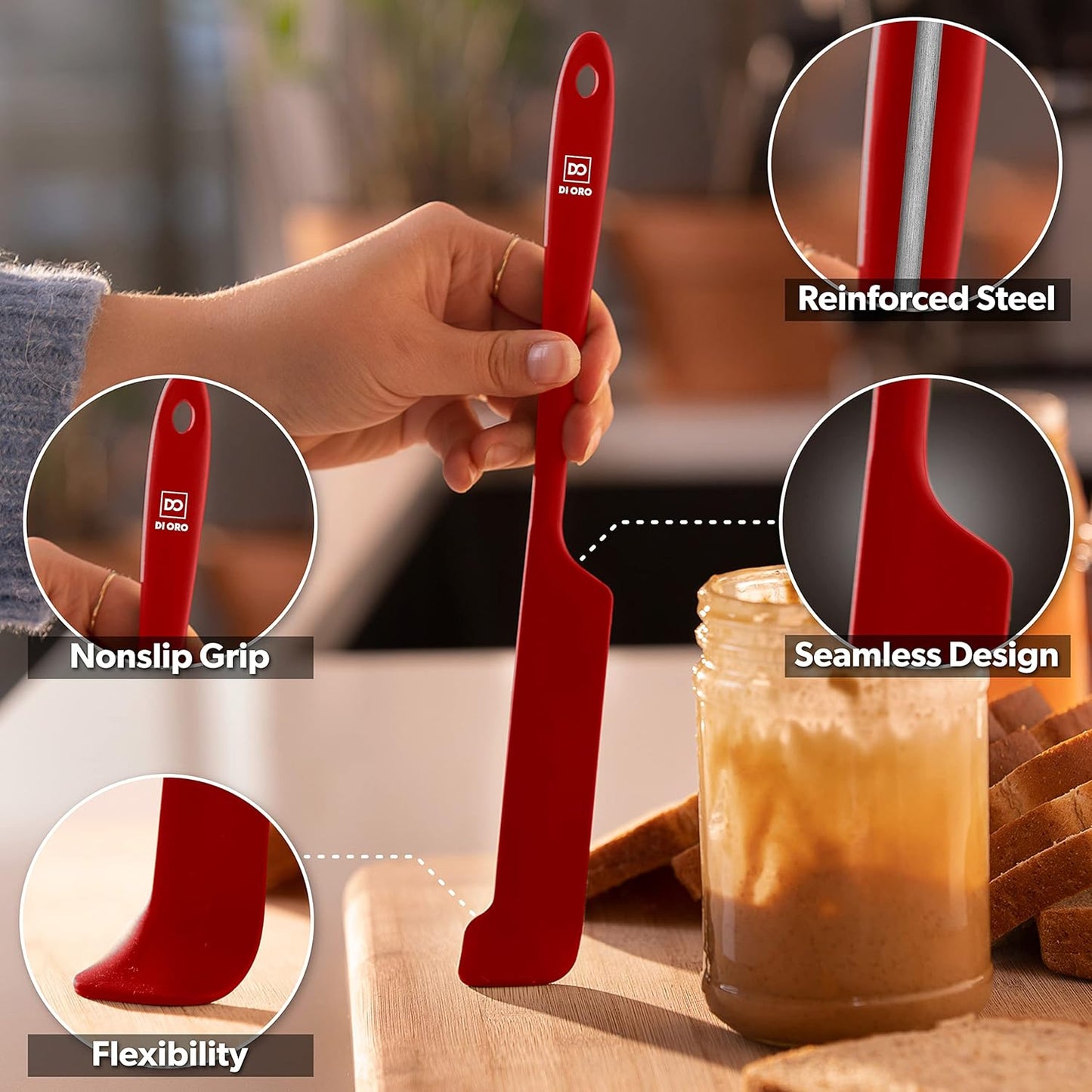 DI ORO Silicone Jar Spatulas for Scraping - Rubber Spatulas Silicone Heat Resistant - Kitchen Spatulas Nonstick Cookware Safe - Silicone Utensil Set for Blenders, Mixing, Baking, & Makeup (5pc, Red)