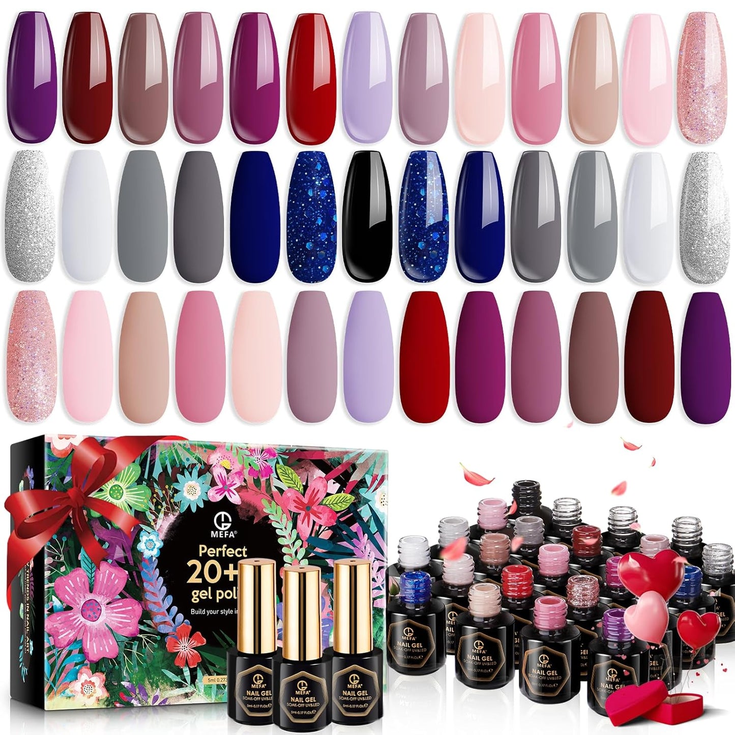 MEFA Gel Nail Polish Kit 23 Pcs, 20 Summer Gel Polish Colors Pink Red Glitter Blue Gel Nail Set Modern Collection Starters Nails Art Manicure DIY Home Gifts