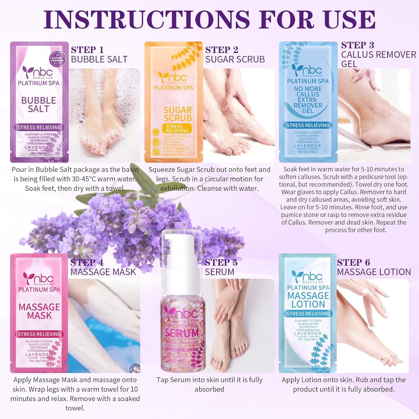 Pedicure Foot Soak Set - Upgraded 6 in 1 Foot Spa, Foot Bath Spa, Pedicure Kit for Tired & Dry Cracked Feet, Athletes Feet, Bad Odor, Softens Calluses (3 Set Lavender)