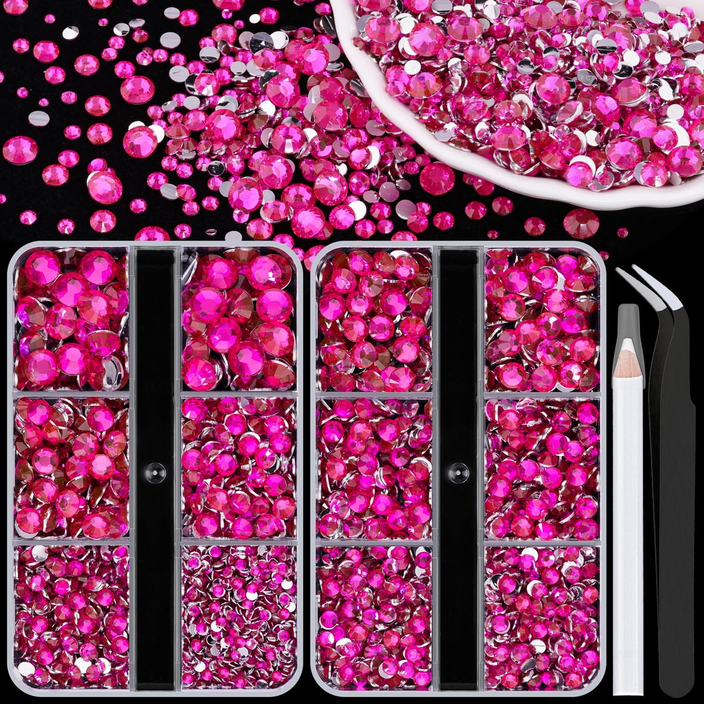 Resin Rhinestones for Crafting, 2 Boxeses Hot Pink Multi Sizes Flatback Bedazzling Crystals for Crafts Nail Art Deco, Non Hotfix Gems Charms for Tumbler Shoes Clothing Fabric Face Makeup