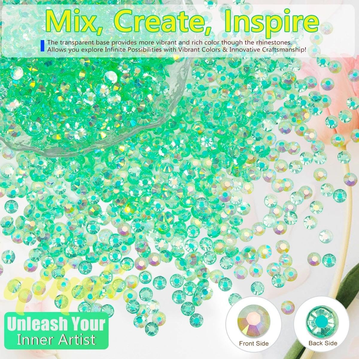 Transparent Clear Light Green AB Resin Rhinestones for Crafting 3mm 4mm 5mm Flatback Jelly Stones Diamonds Crystals Gems Charms for Nails Face Eyes Makeup Tumblers Bottles Crafts Clothes Shoes