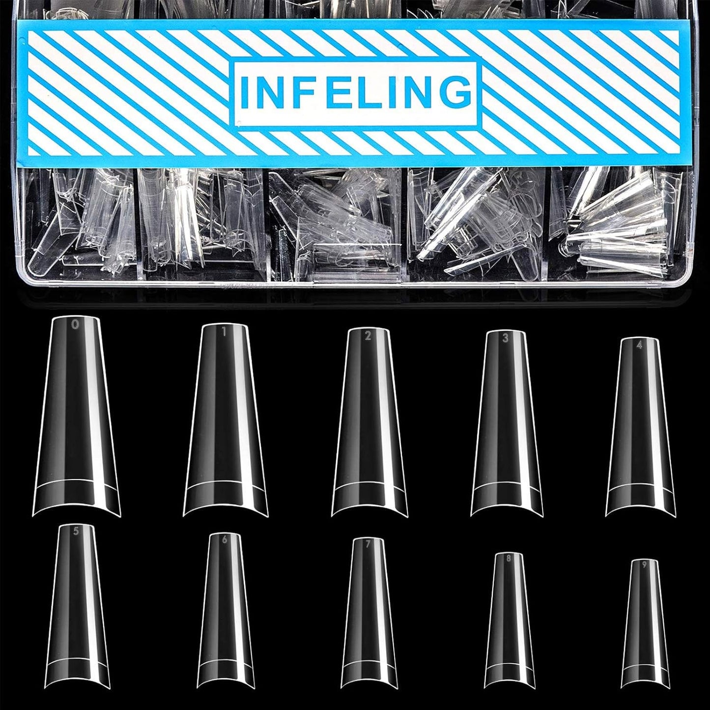 INFELING Clear Coffin Nails Tips - Nail Tips for Acrylic Nails Professional, 500pcs Half Cover French Nail Tips with Box, False Fake Nail Tips for Salons Home, 10 Sizes