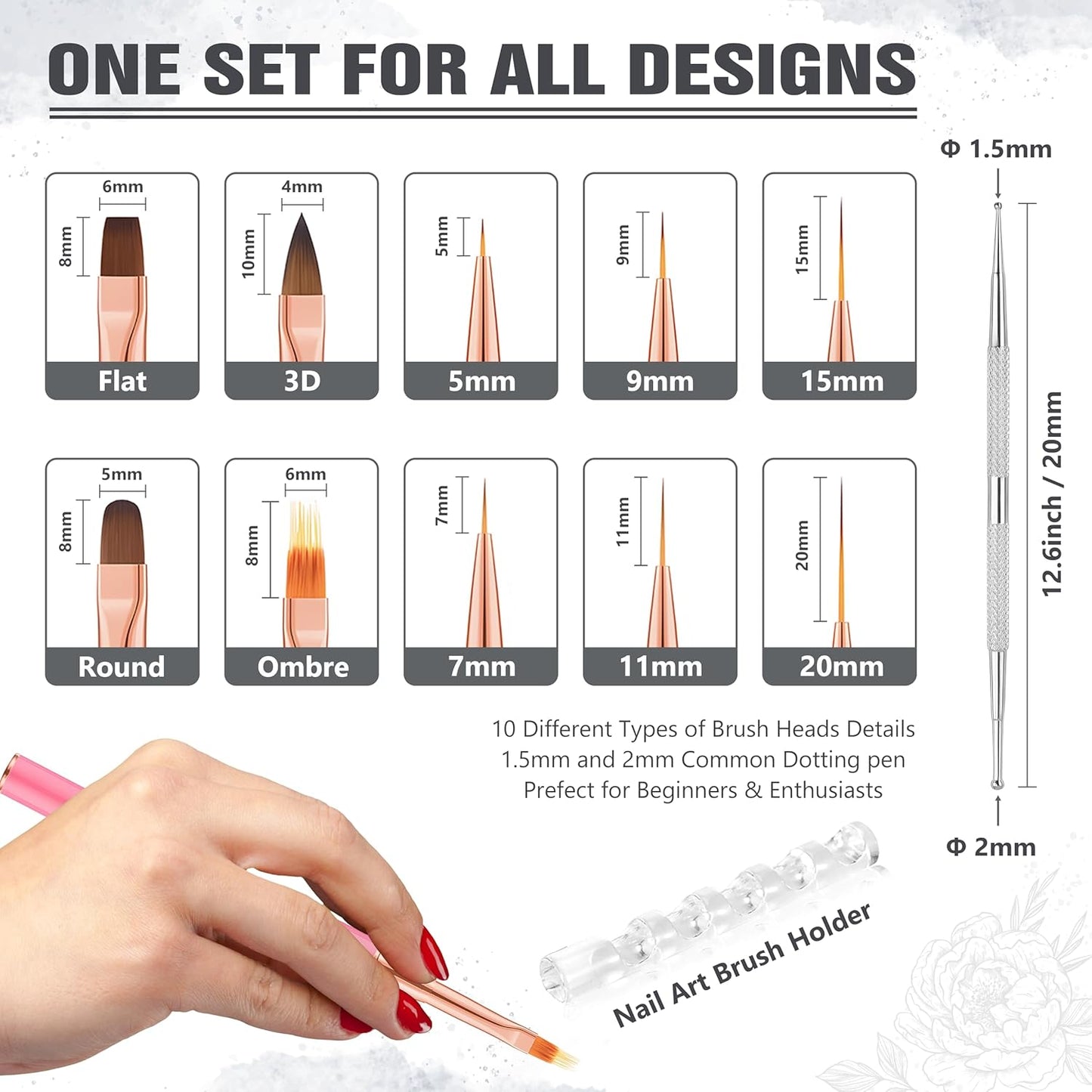 Nail Art Bushes Set, Professional 5Pcs Double-Ended Nail Brush Kit for Details, Long Lines, Ombre & 3D Design-Perfect for DIY Manicures & Salons (Pink)