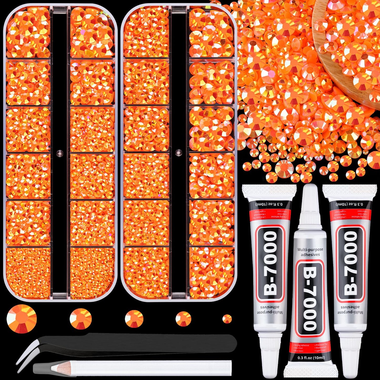Resin Jelly Rhinestones for Crafting with B7000 Jewelry Glue, 2 Boxes Orange AB Flatback Crystals with 3Pcs 10ml Glue, Bedazzling Non Hotfix Gems for DIY Tumblers Clothing Shoes Manicure