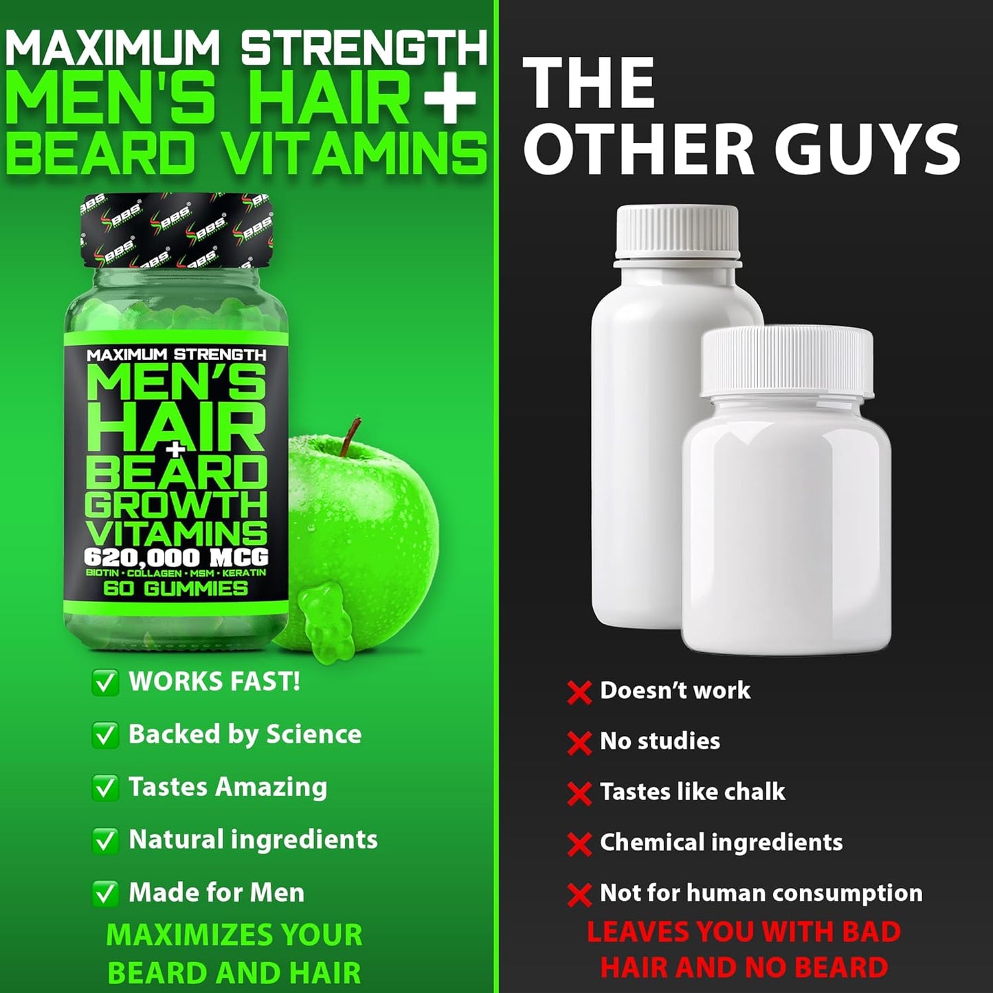 Best Beard Stuff Beard Growth Vitamins - Biotin Gummies for Beard & Hair Growth – Maximum Strength 620,000mcg Biotin with Collagen, MSM, Keratin & Bamboo Extract