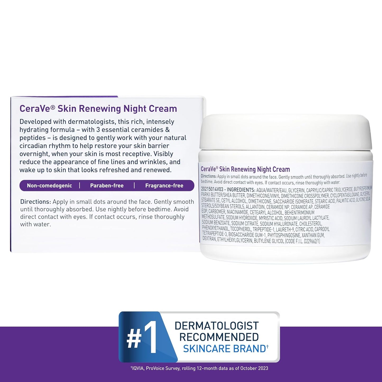 CeraVe Skin Renewing Night Cream, Niacinamide, Peptide Complex, and Hyaluronic Acid Moisturizer for Face, 1.7 Ounce, Packaging may Vary