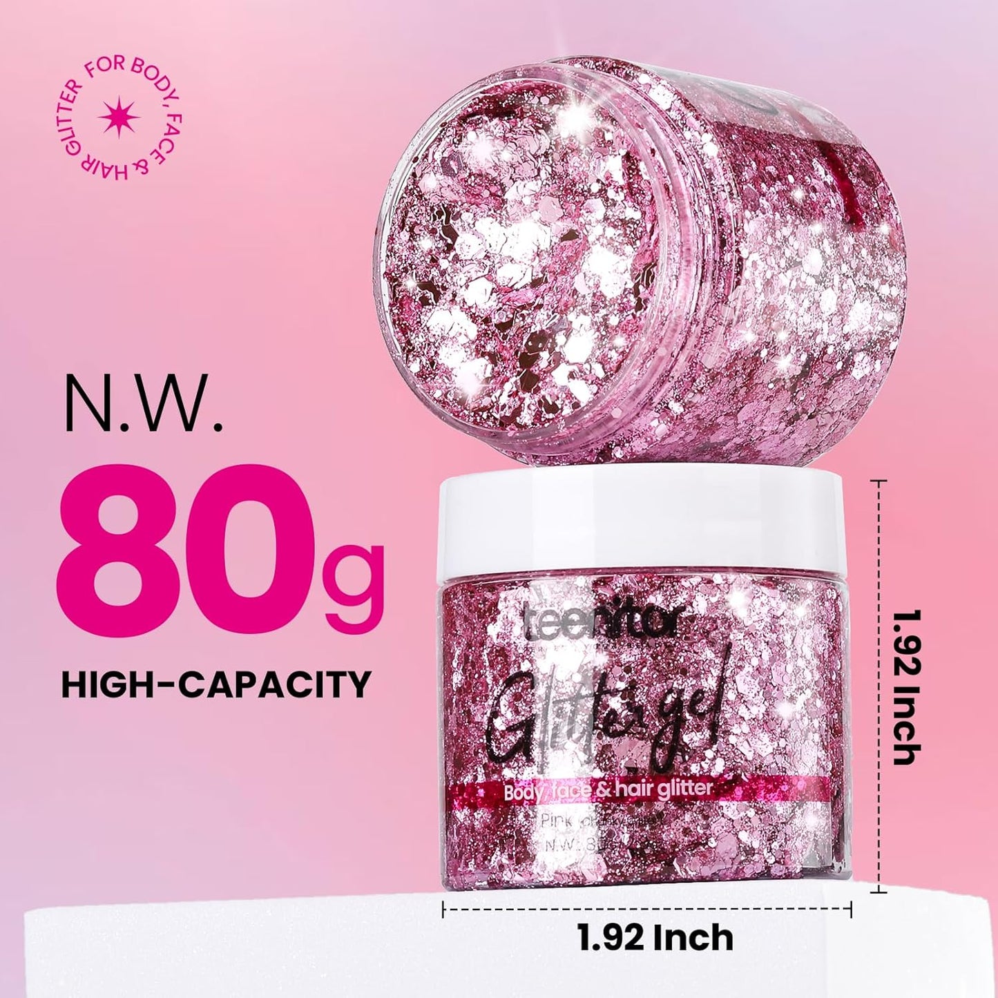 Teenitor Pink Body Glitter, Chunky Face Glitter, Hair Glitter Gel, 80g/2.8oz Pink Festival Cheer Holographic Glitter for Makeup Face Body Hair