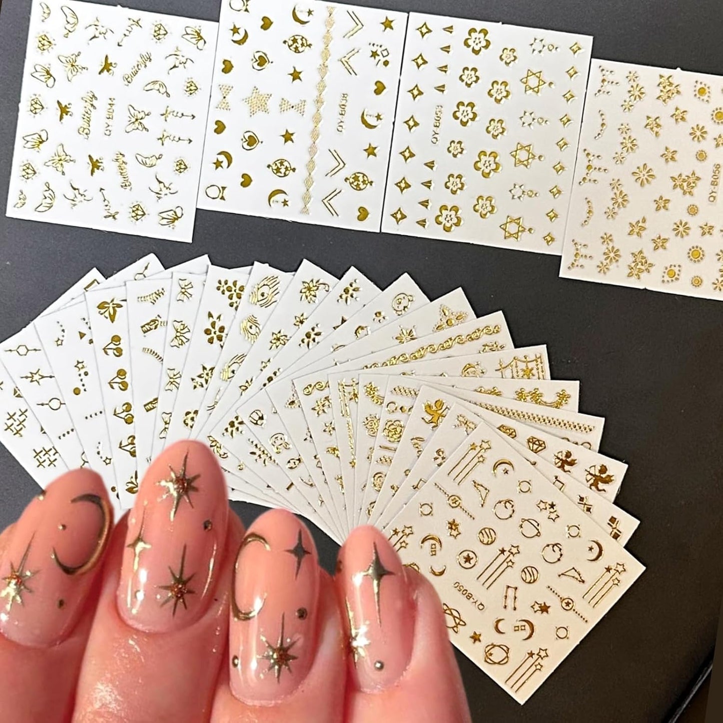 30 Sheets Gold Nail Art Stickers Gold Flower Butterfly Nail Stickers Star Line Self-Adhesive Nail Decals Acrylic Nails DIY Design Nail Supplies for Women and Girls