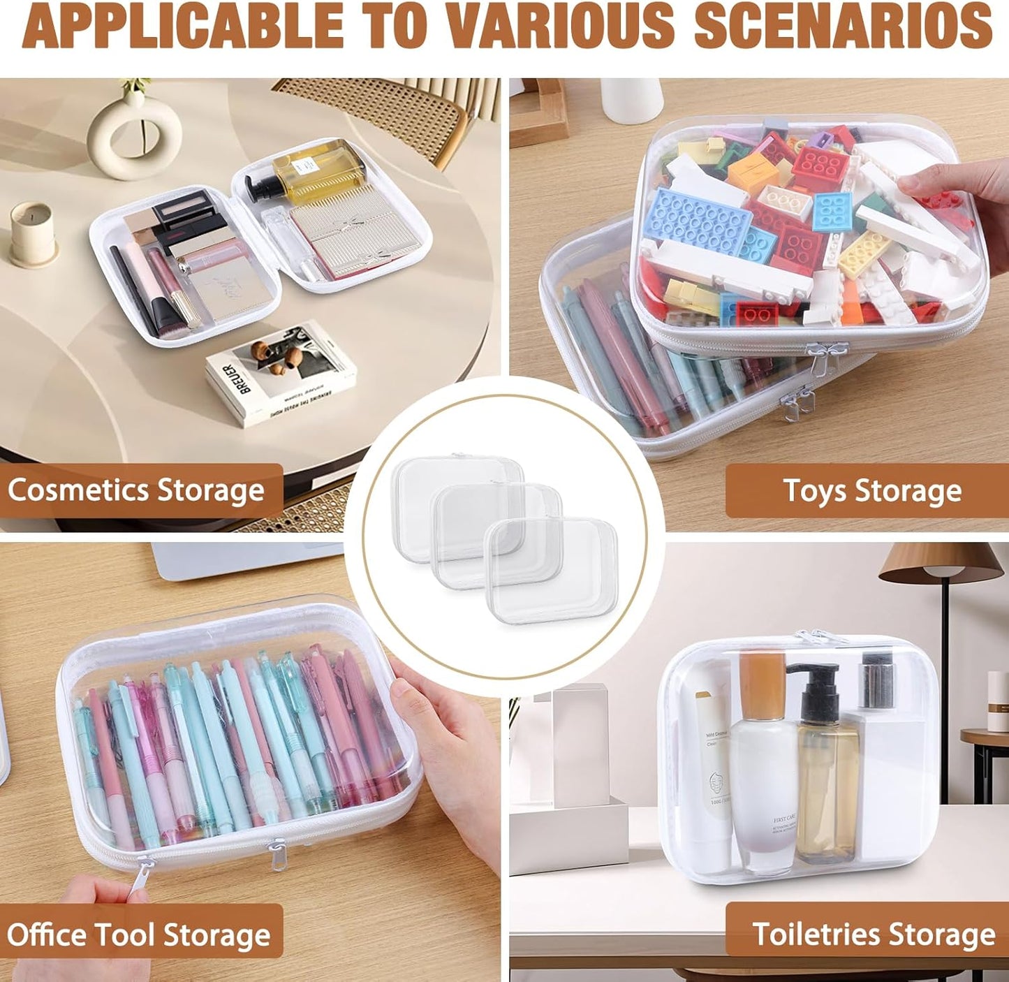 Clear Hard Shell Zipper Case 3 PCS Clear Cosmetic Make up Bag Waterproof Travel Toiletry Bag for Women, Hard Plastic Zipper Pouches Portable Travel Storage Organizer Bins (White, 5"x3"x2")
